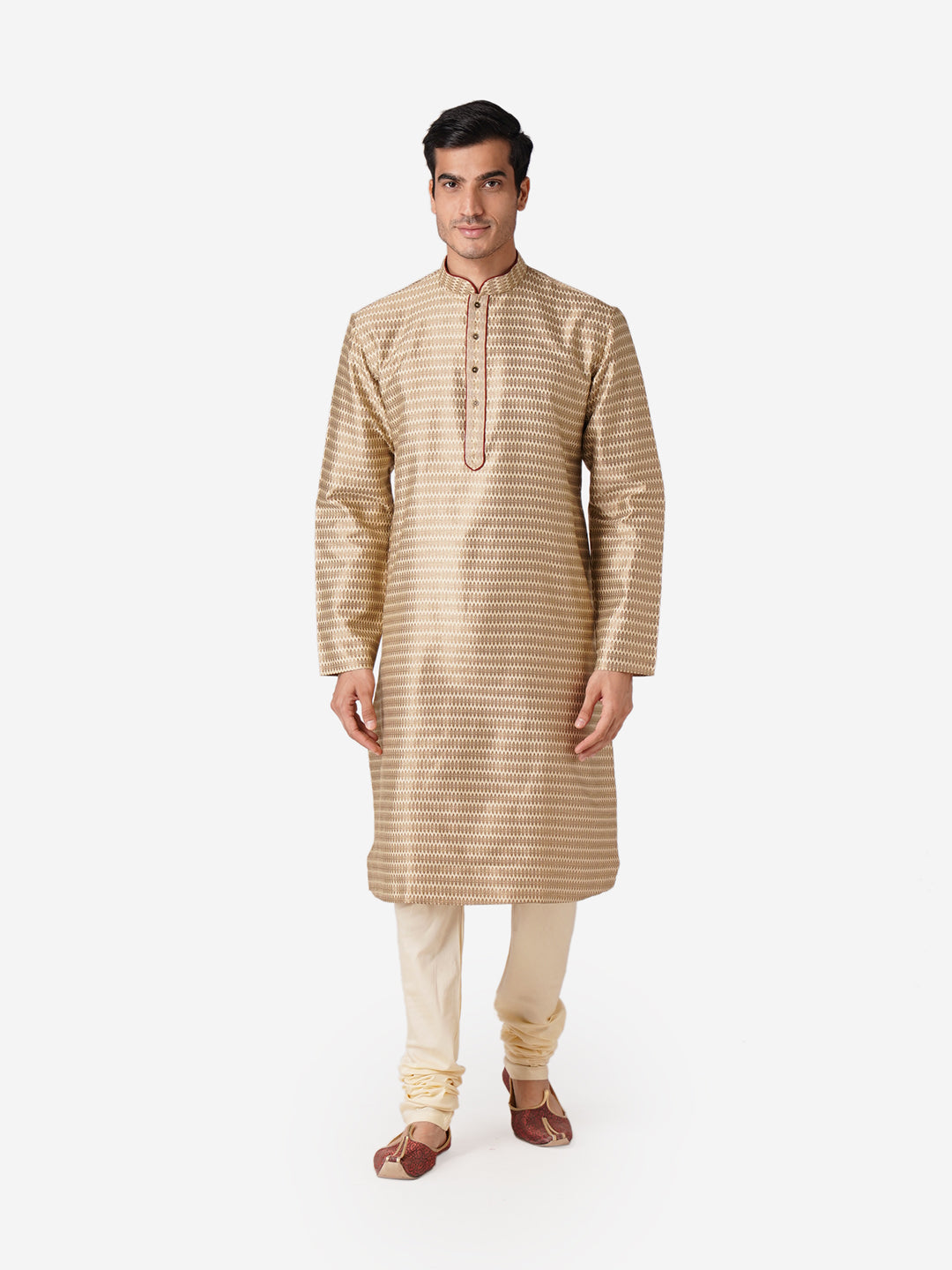 Full Sleeve Printed Kurta and Churidar Set in Gold Silk Blend