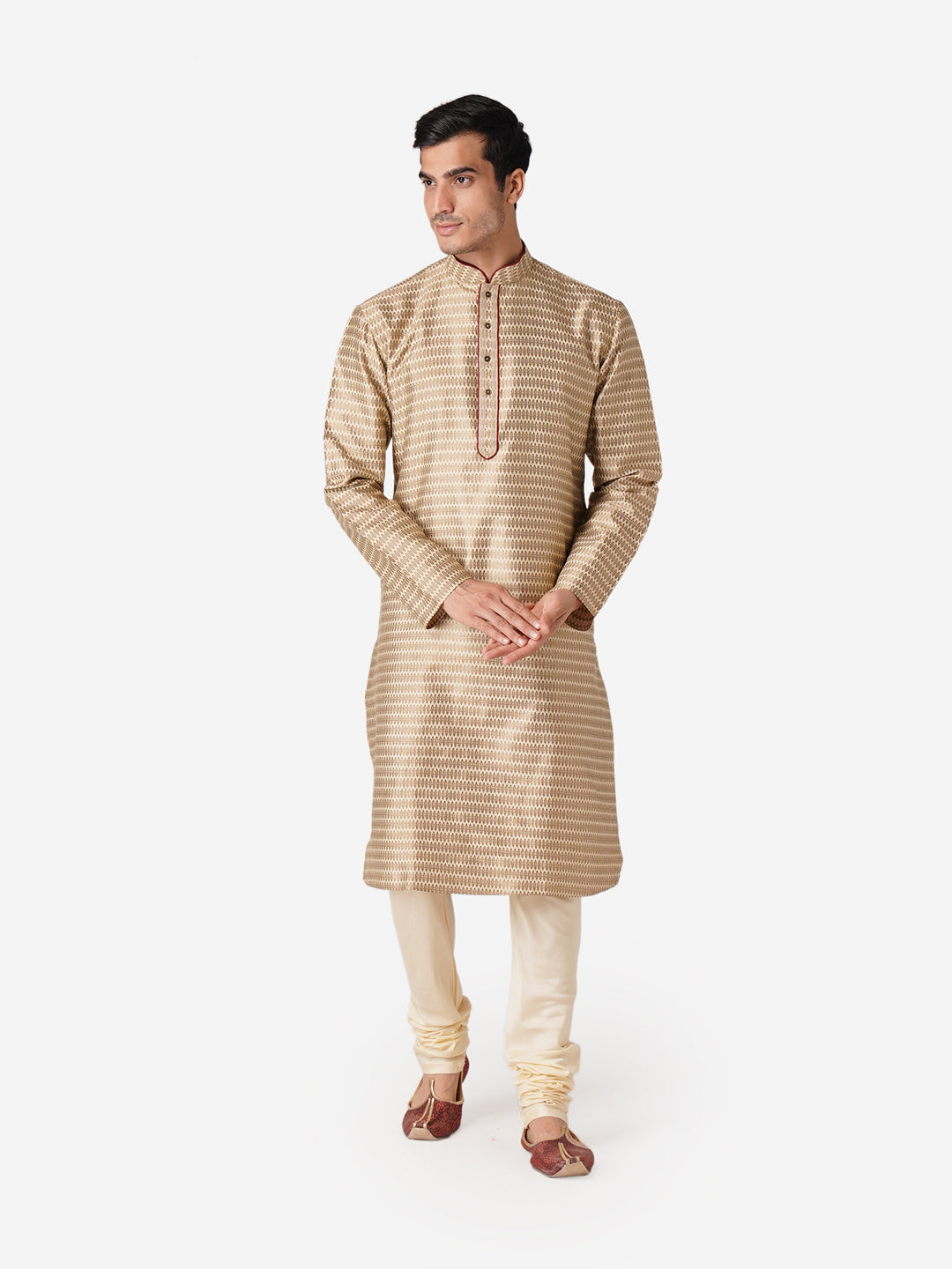 Full Sleeve Printed Kurta and Churidar Set in Gold Silk Blend
