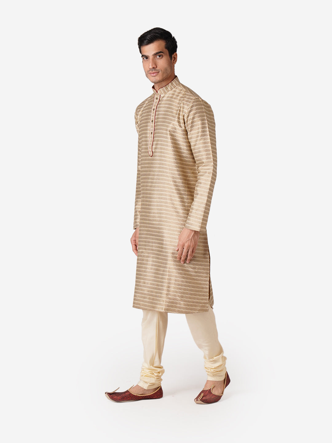 Full Sleeve Printed Kurta and Churidar Set in Gold Silk Blend