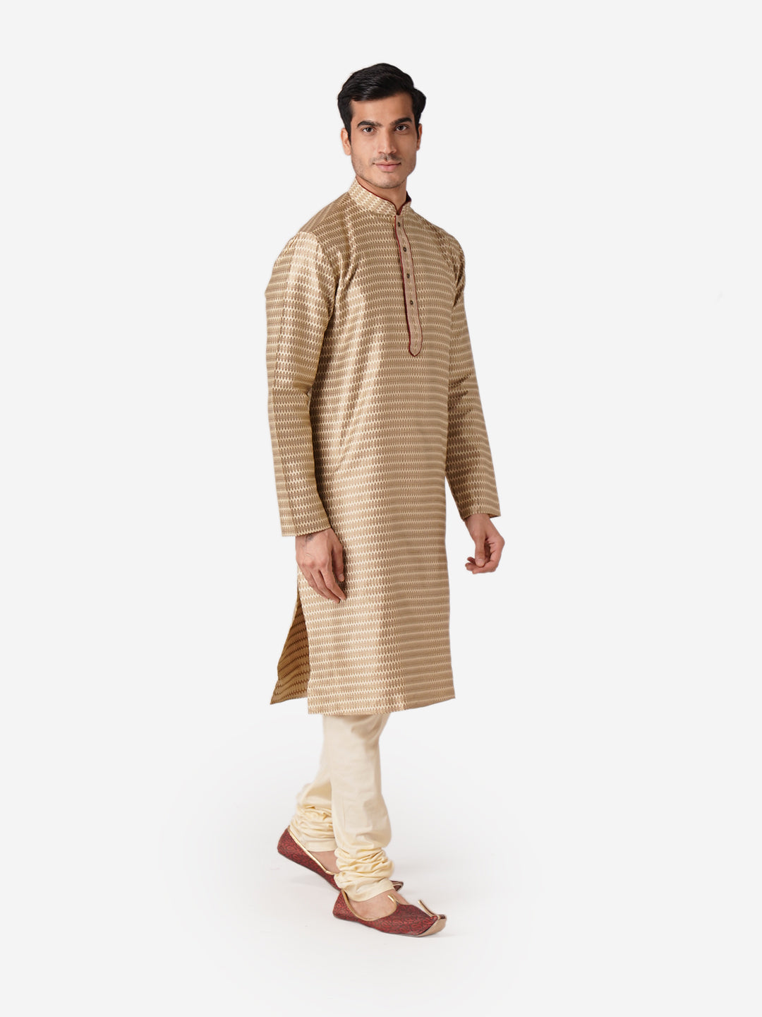Full Sleeve Printed Kurta and Churidar Set in Gold Silk Blend