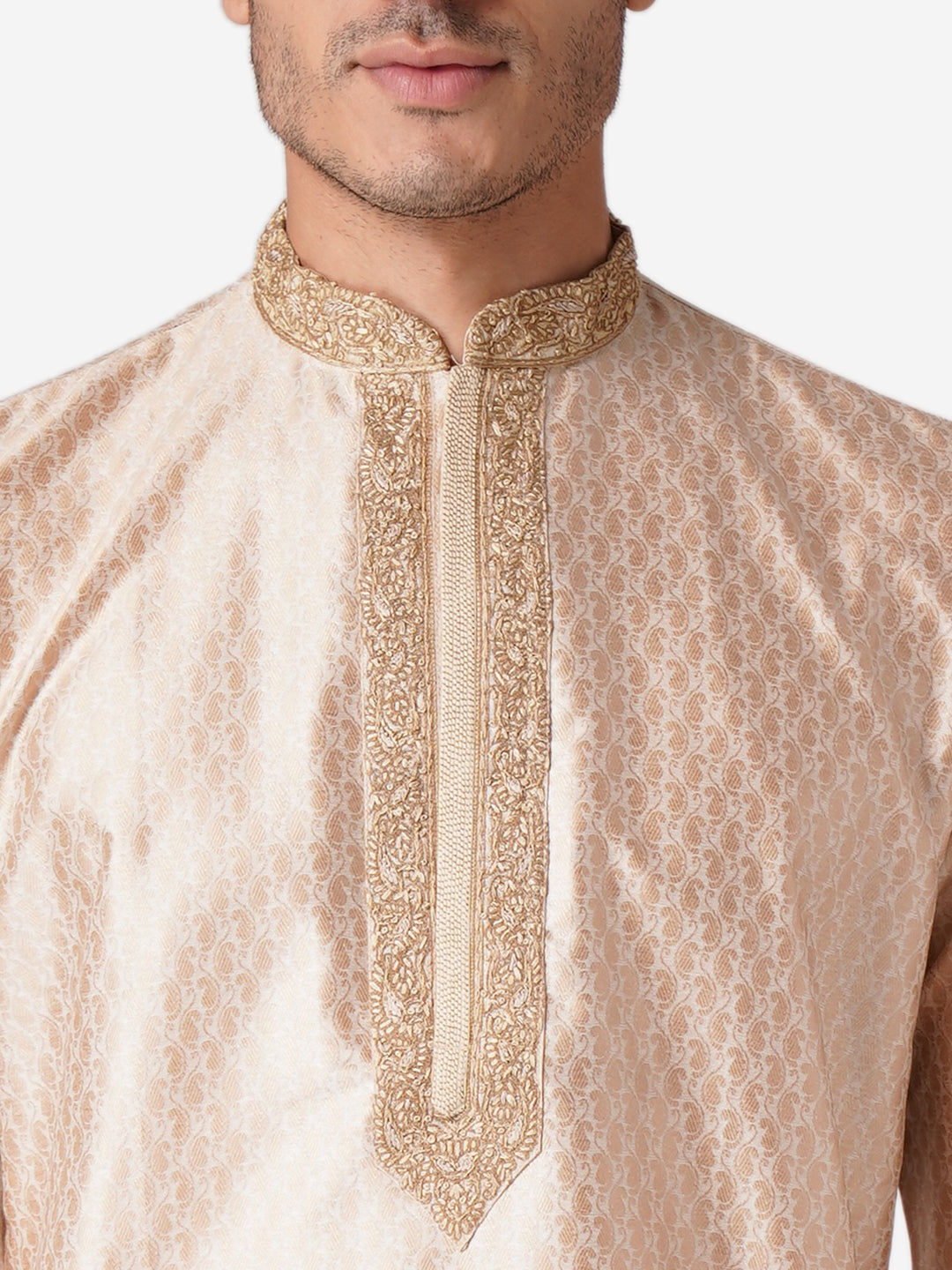 Full Sleeve Self Design Kurta and Churidar Set in Beige Silk Blend