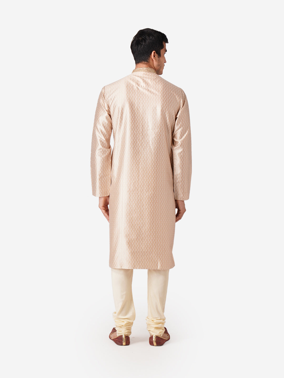 Full Sleeve Self Design Kurta and Churidar Set in Beige Silk Blend