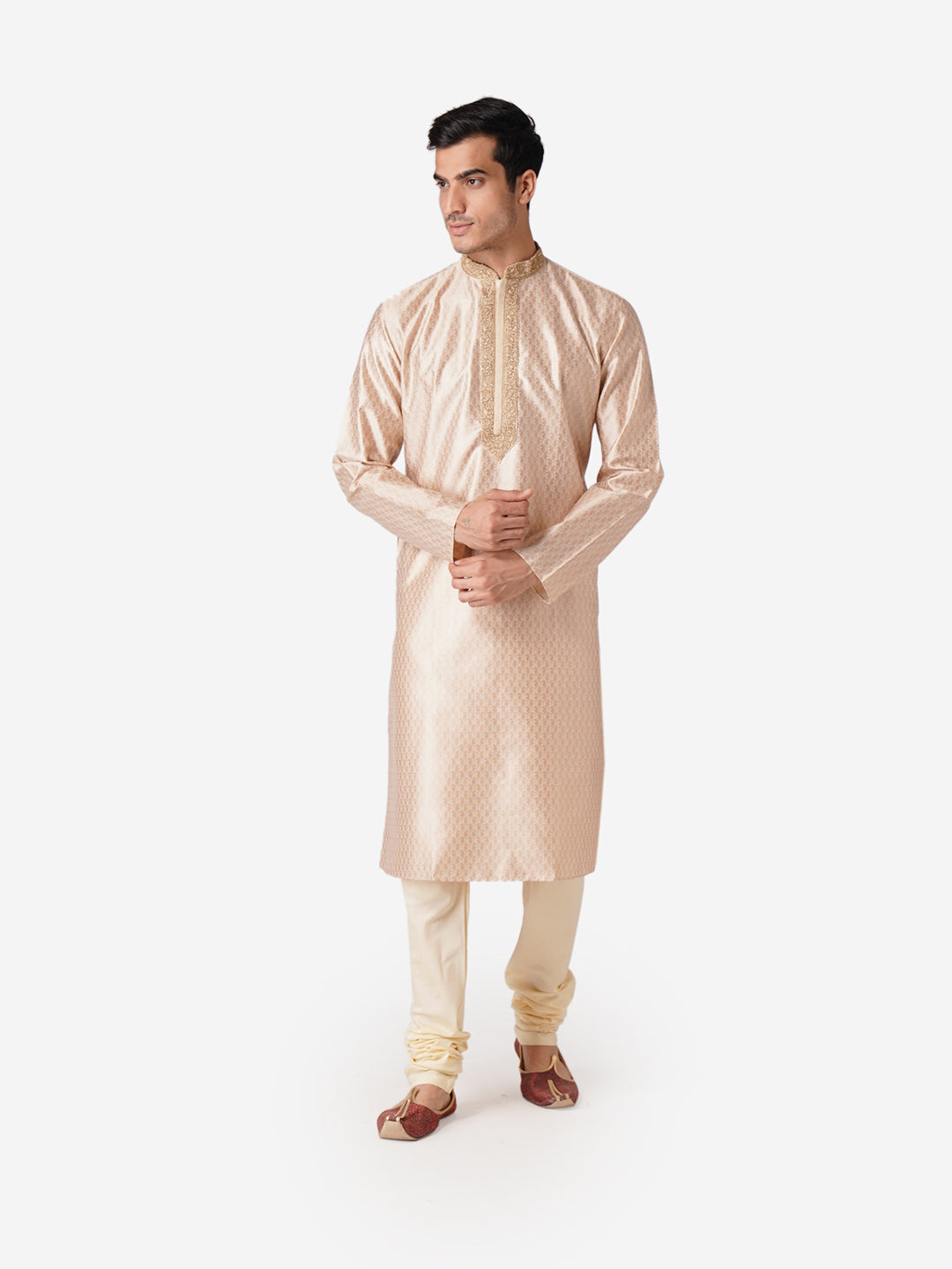 Full Sleeve Self Design Kurta and Churidar Set in Beige Silk Blend