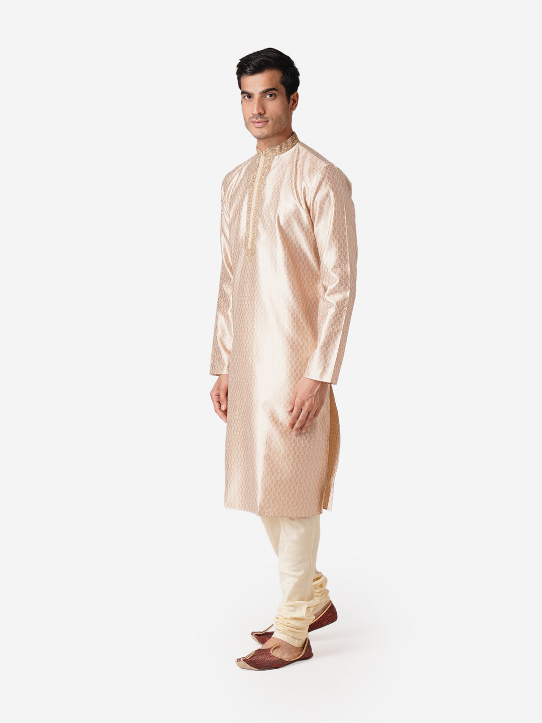 Full Sleeve Self Design Kurta and Churidar Set in Beige Silk Blend