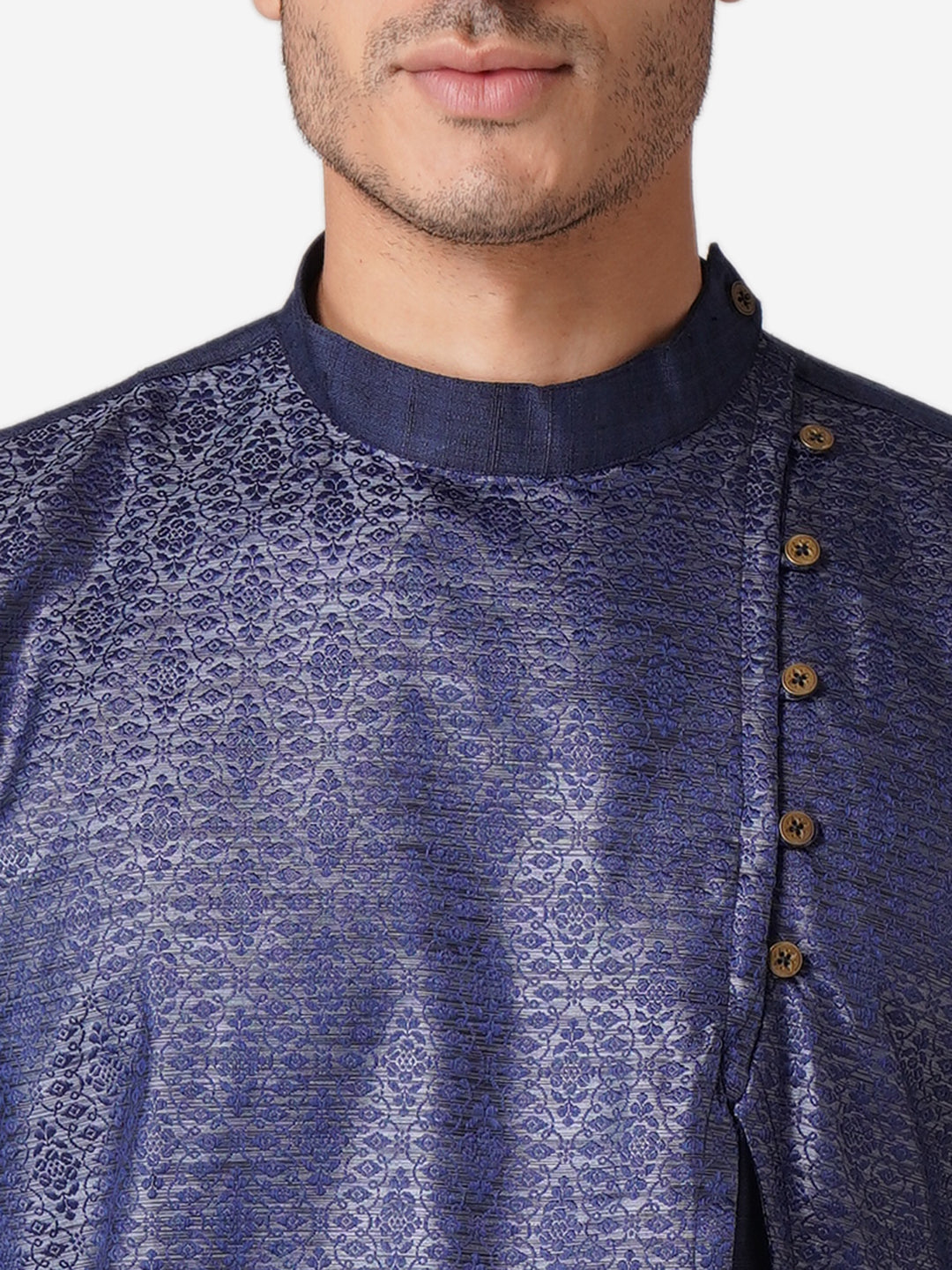 Full Sleeve Self Design Kurta and Churidar Set in Blue Silk Blend