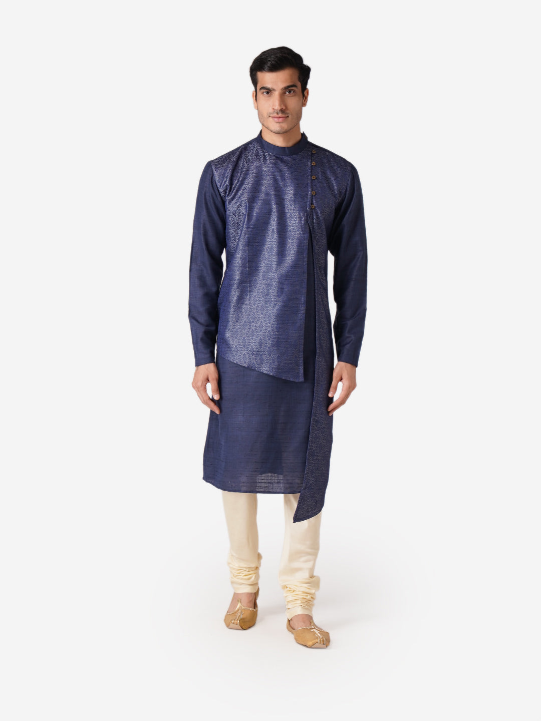 Full Sleeve Self Design Kurta and Churidar Set in Blue Silk Blend