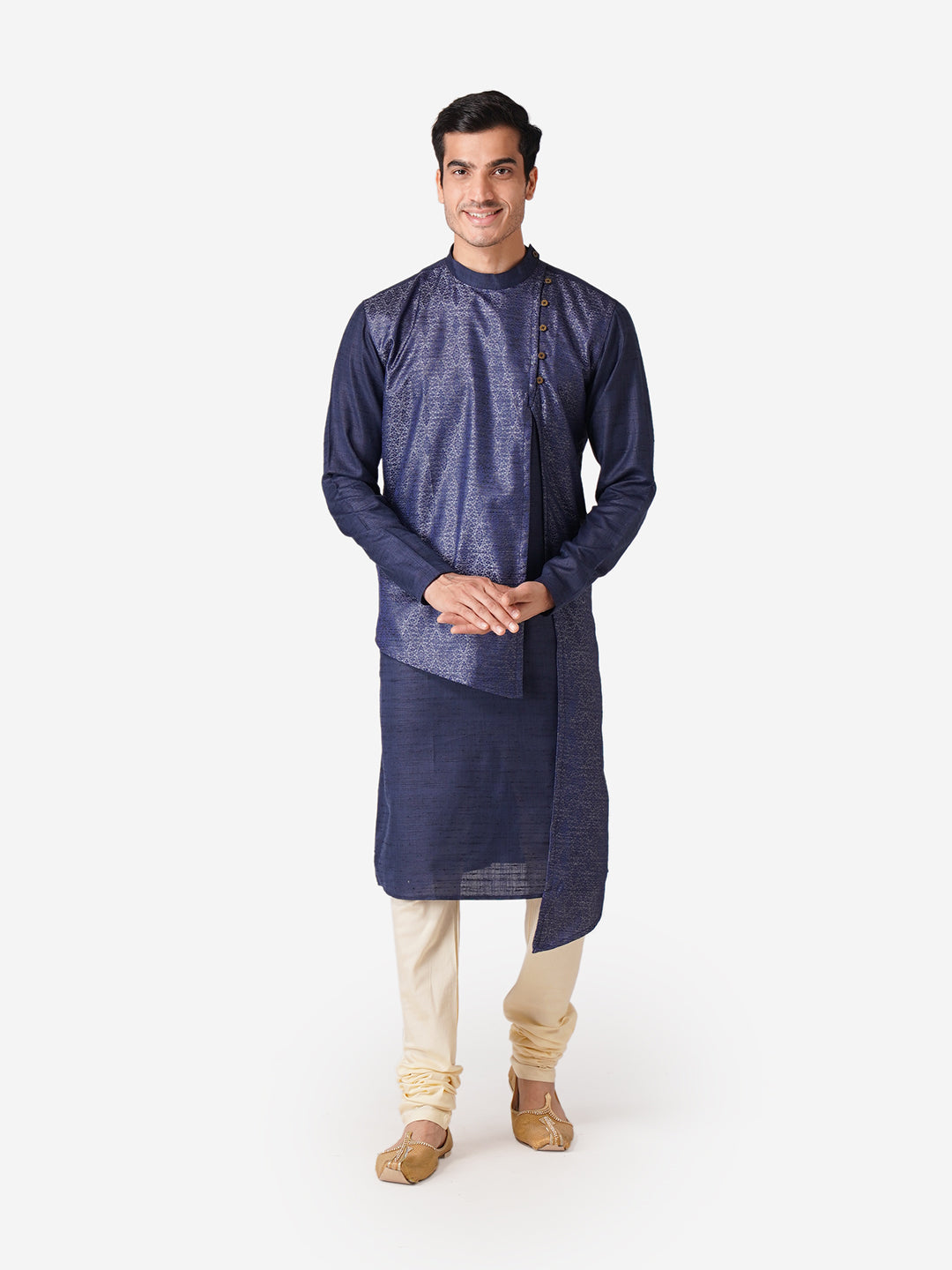 Full Sleeve Self Design Kurta and Churidar Set in Blue Silk Blend