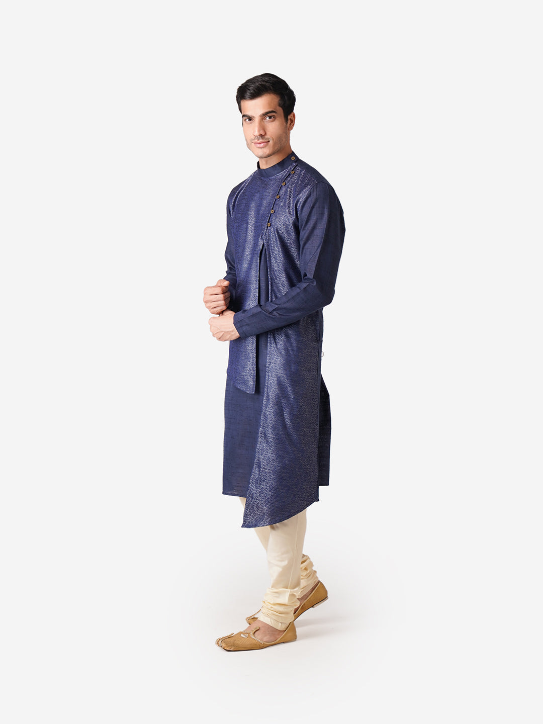 Full Sleeve Self Design Kurta and Churidar Set in Blue Silk Blend