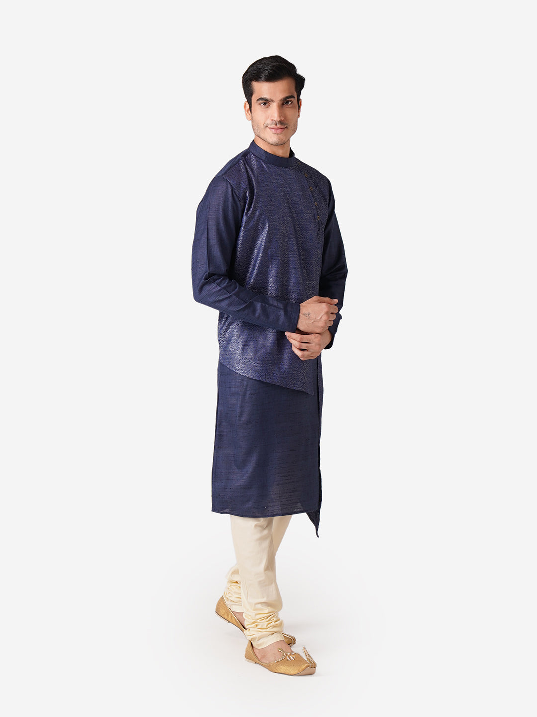 Full Sleeve Self Design Kurta and Churidar Set in Blue Silk Blend