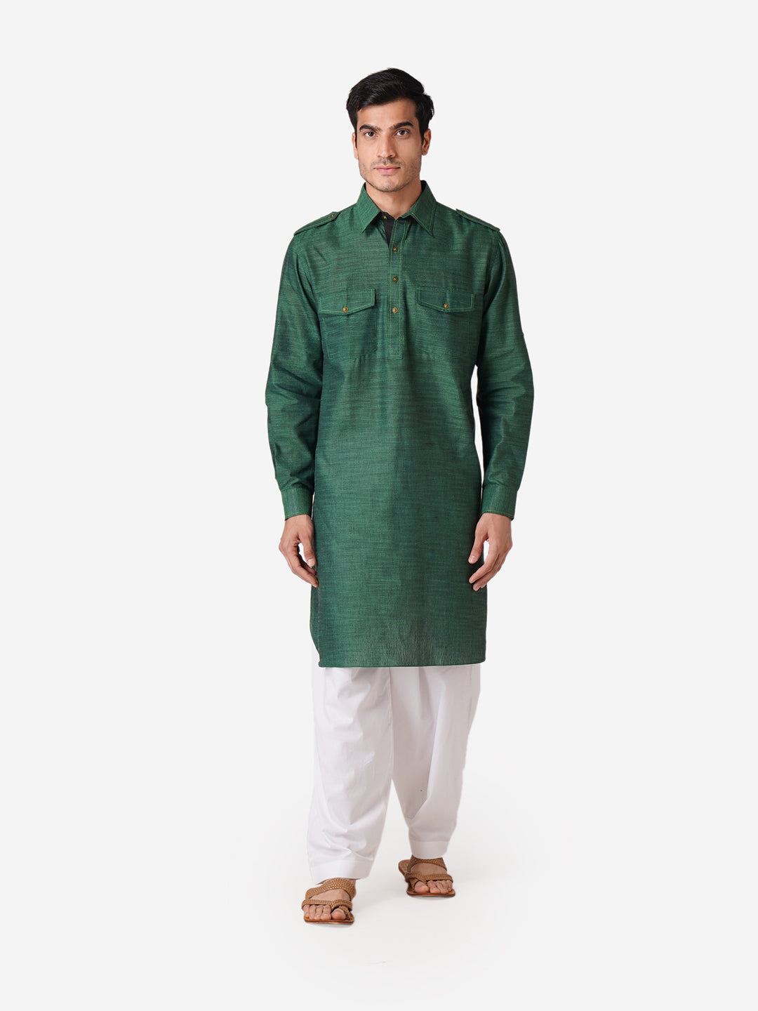 Full Sleeve Solid Kurta and Churidar Set in Green Pure Cotton