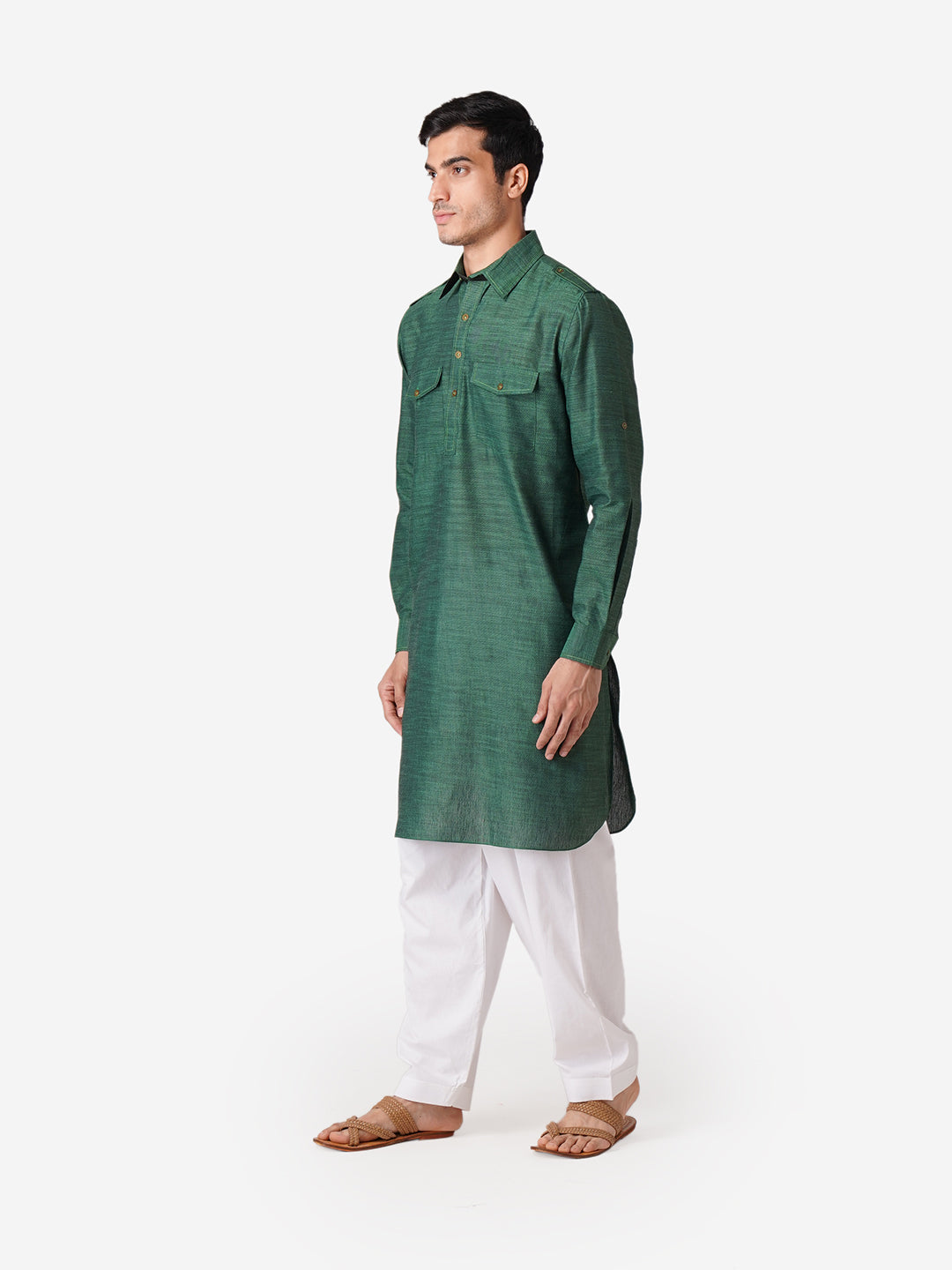 Full Sleeve Solid Kurta and Churidar Set in Green Pure Cotton