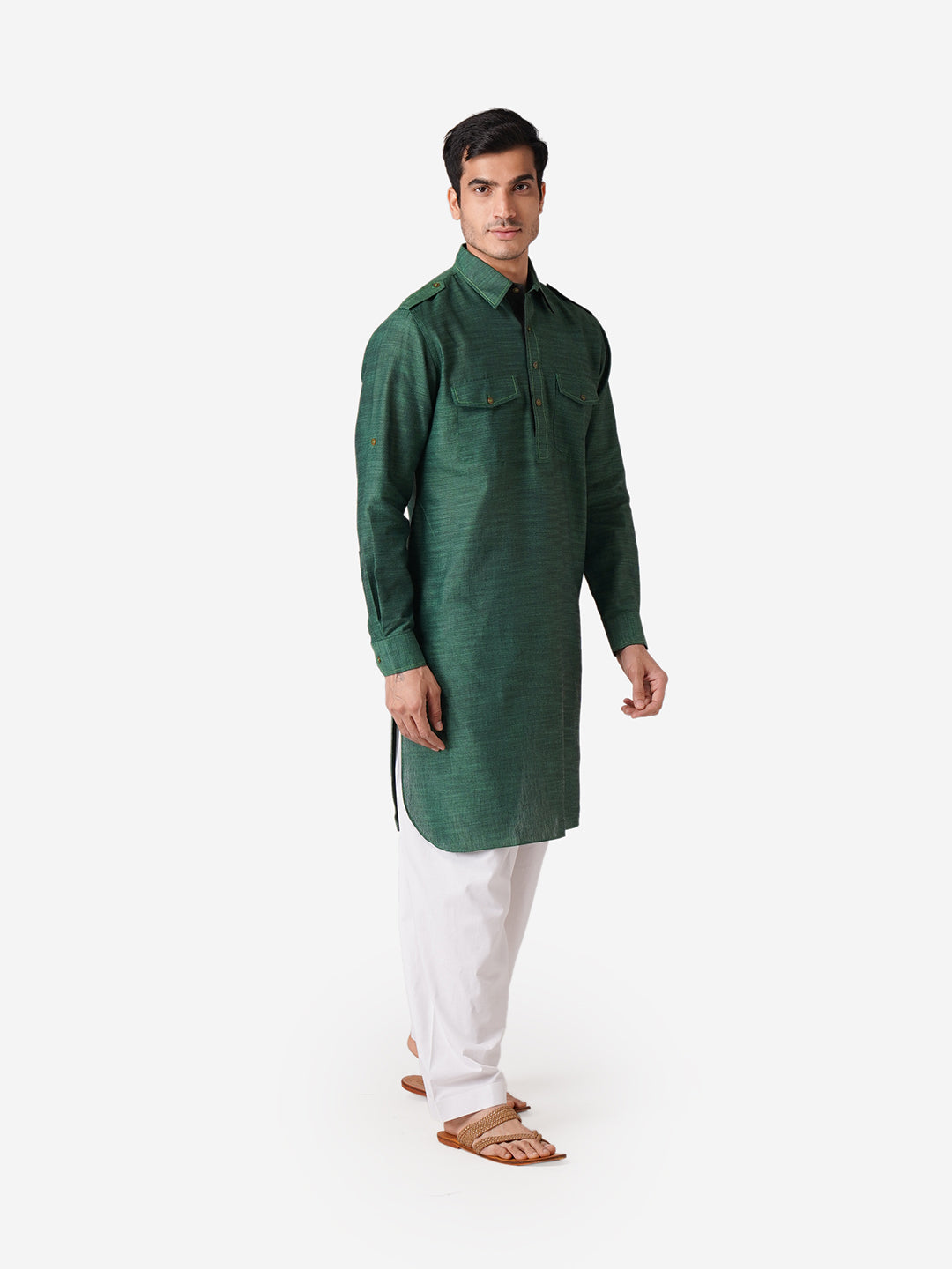 Full Sleeve Solid Kurta and Churidar Set in Green Pure Cotton