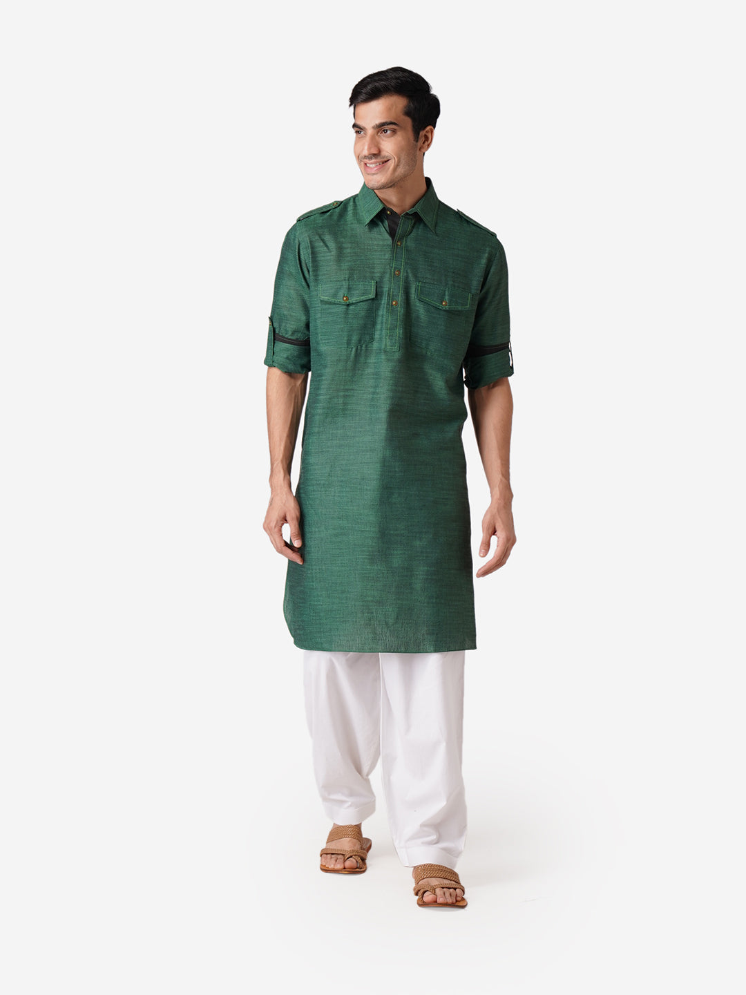 Full Sleeve Solid Kurta and Churidar Set in Green Pure Cotton
