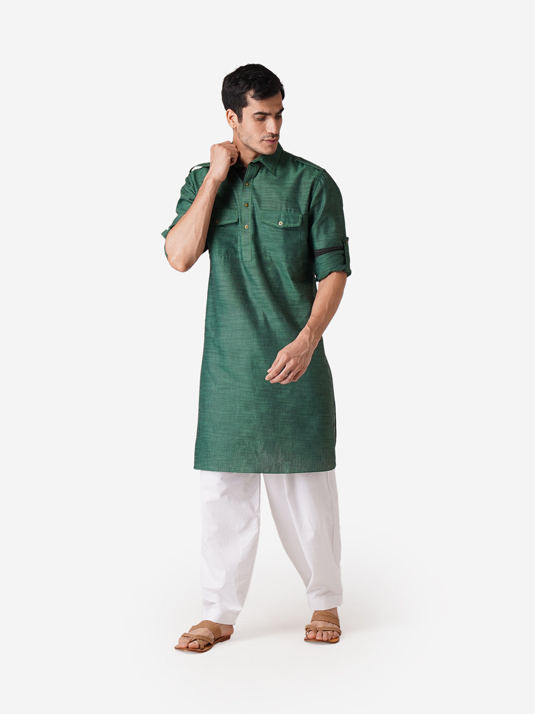 Full Sleeve Solid Kurta and Churidar Set in Green Pure Cotton