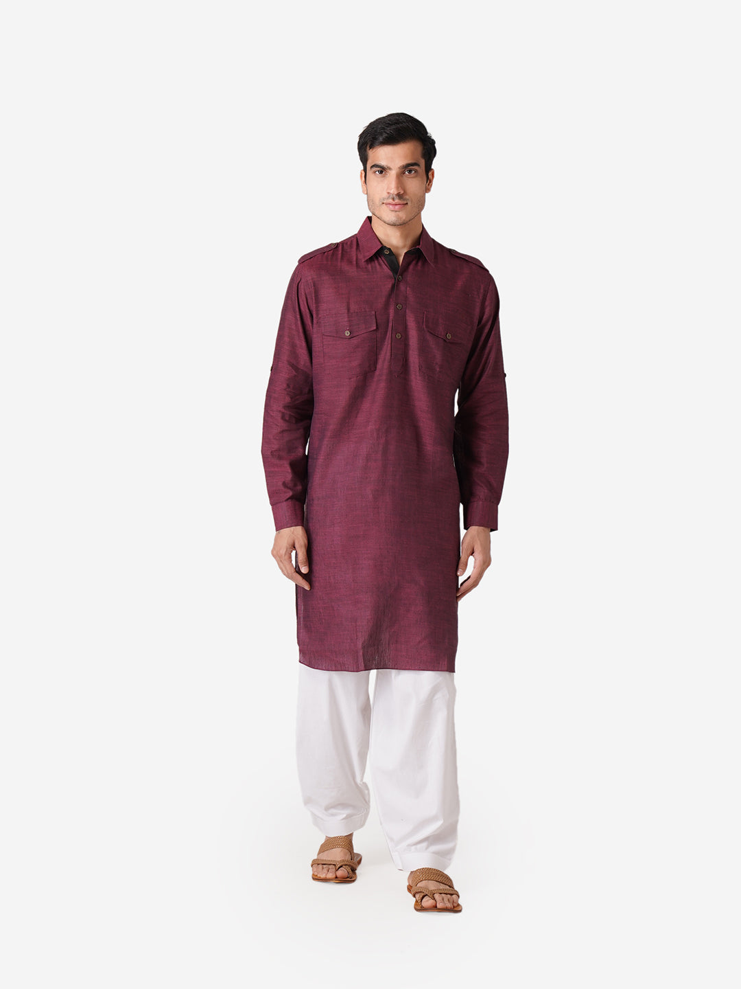 Full Sleeve Self Design Kurta and Pyjama Set in Purple Pure Cotton