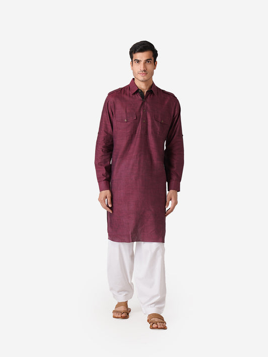 Full Sleeve Self Design Kurta and Pyjama Set in Purple Pure Cotton