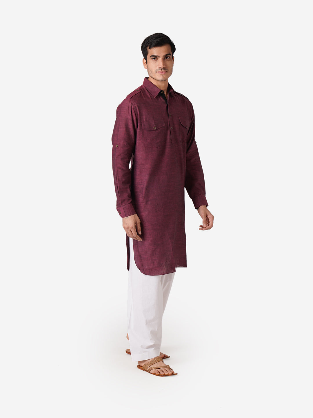 Full Sleeve Self Design Kurta and Pyjama Set in Purple Pure Cotton