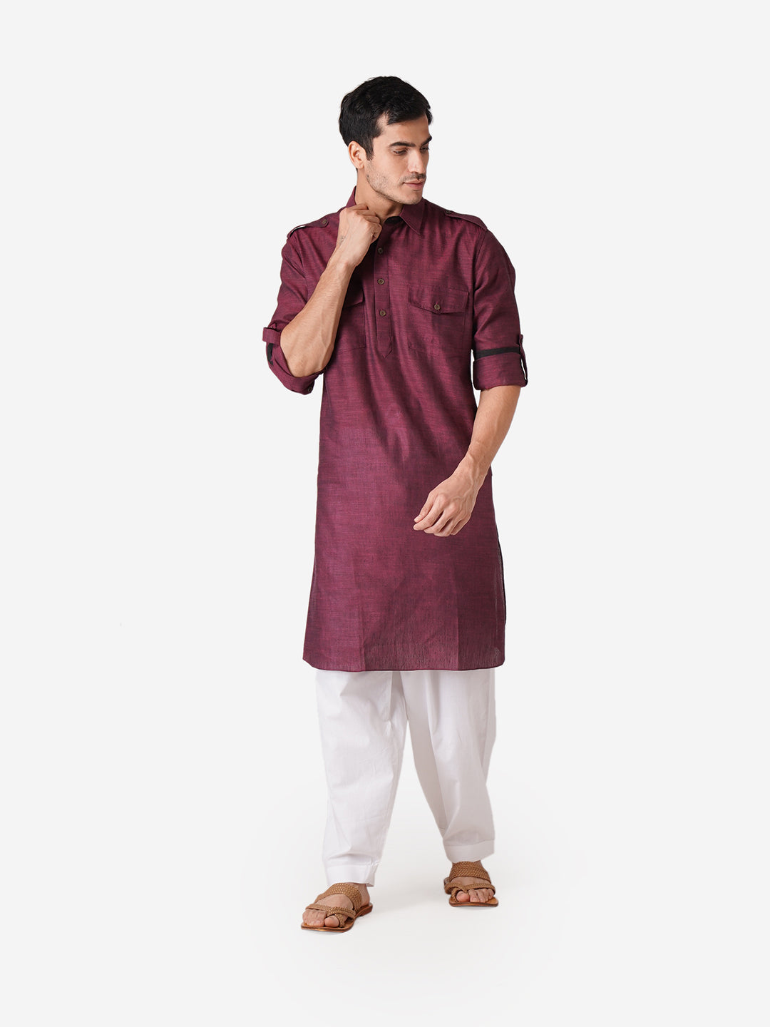 Full Sleeve Self Design Kurta and Pyjama Set in Purple Pure Cotton