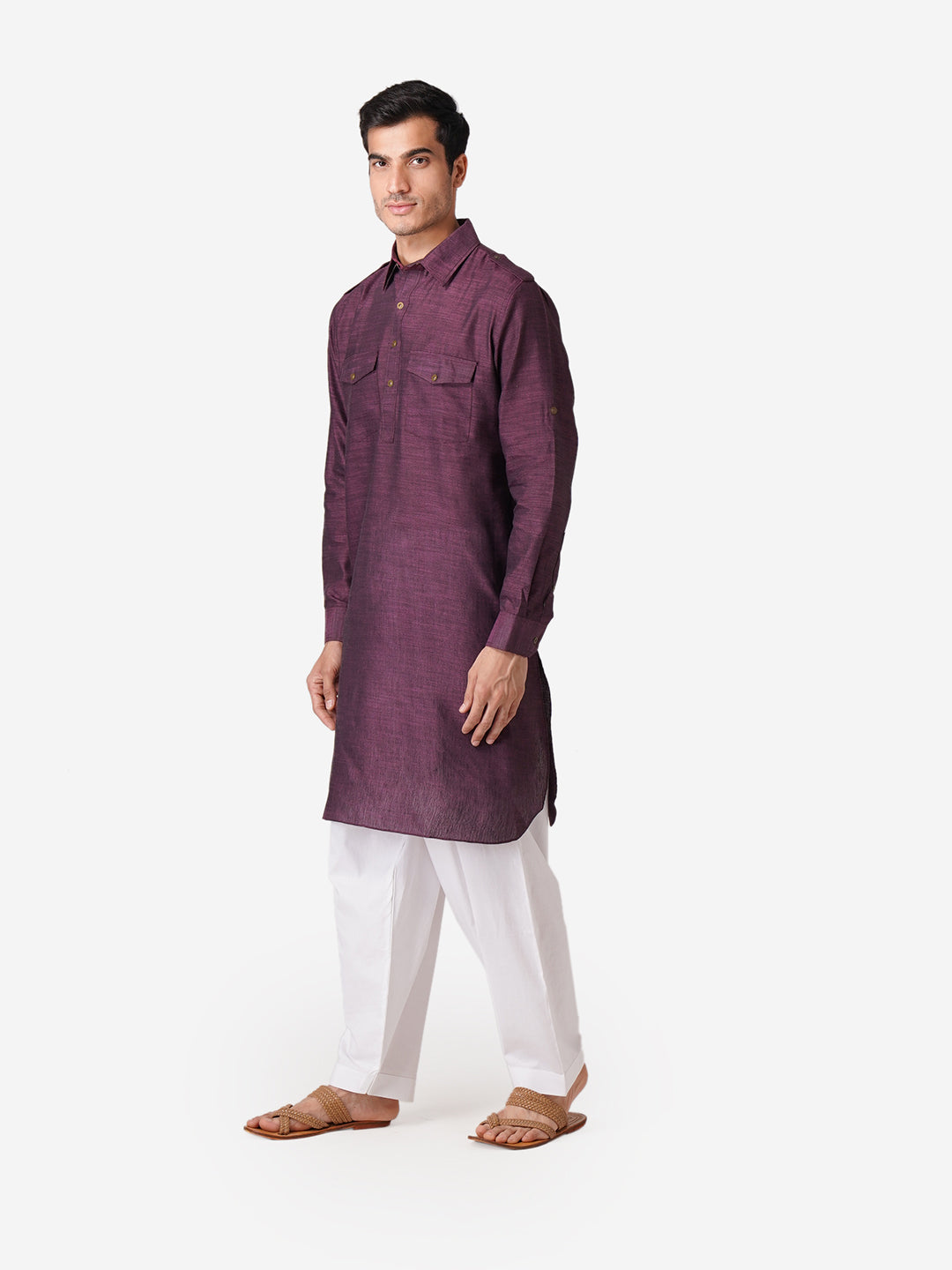 Full Sleeve Self Design Kurta and Pyjama Set in Purple Pure Cotton