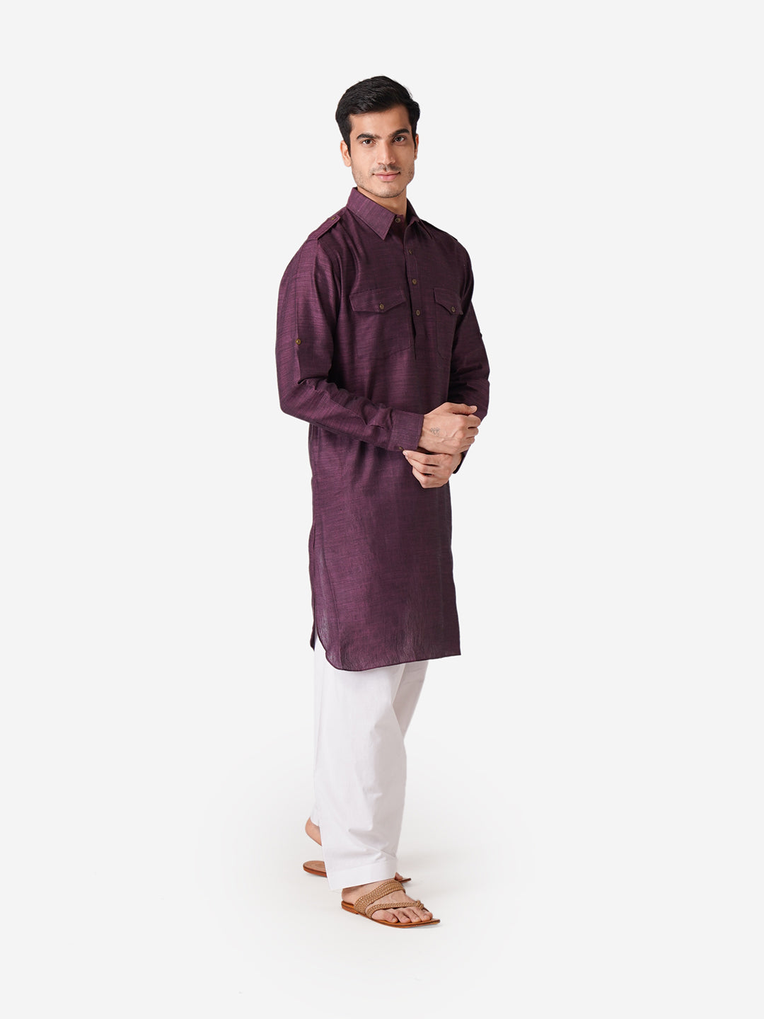 Full Sleeve Self Design Kurta and Pyjama Set in Purple Pure Cotton