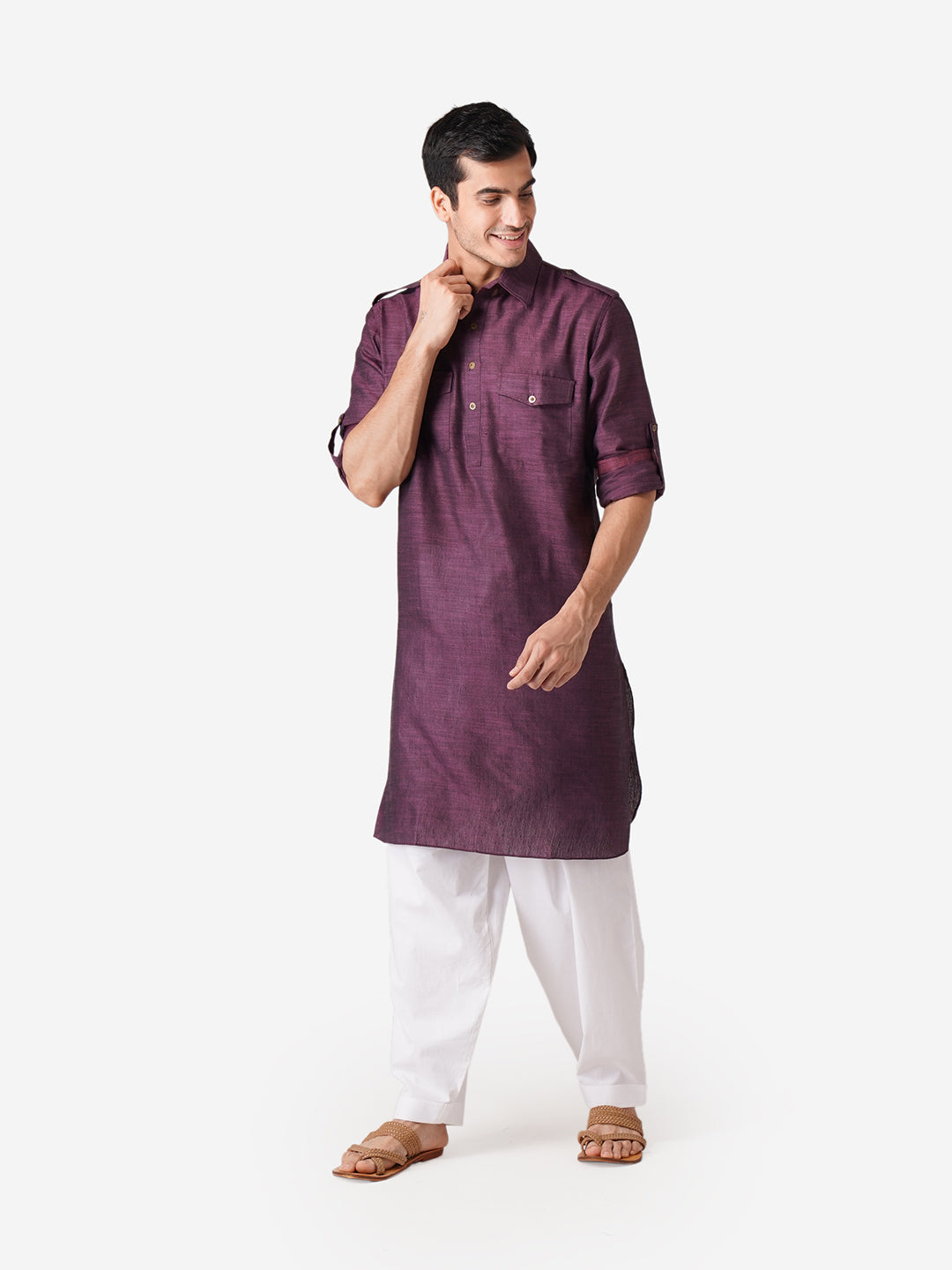 Full Sleeve Self Design Kurta and Pyjama Set in Purple Pure Cotton