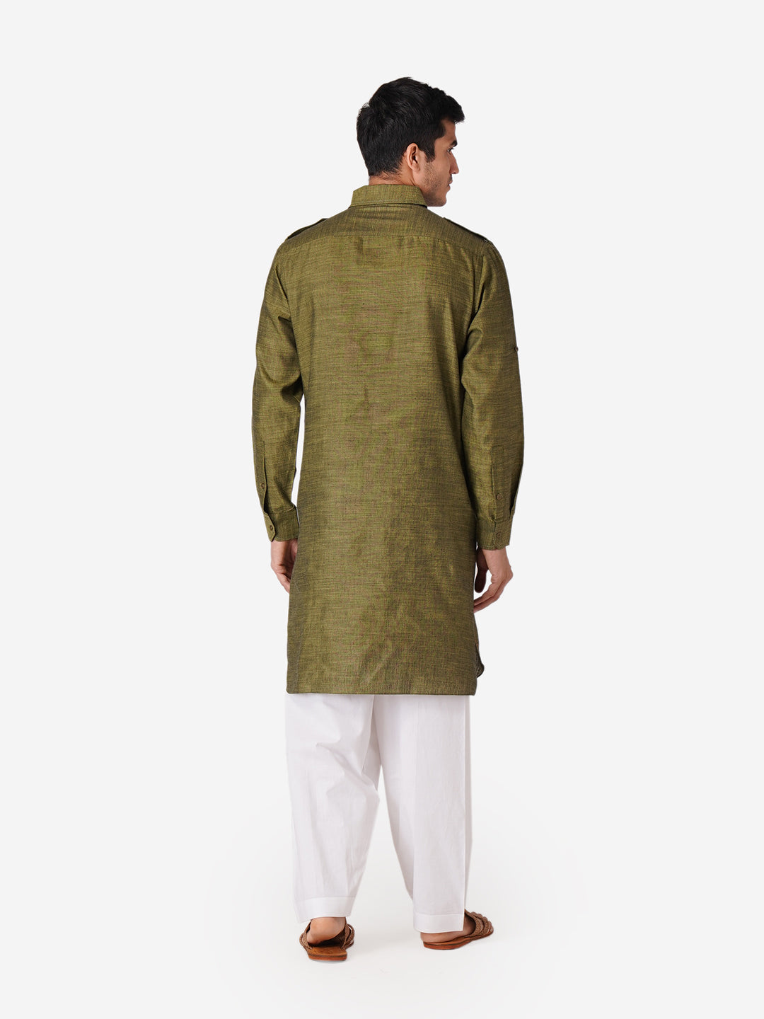 Full Sleeve Self Design Kurta and Pyjama Set in Green Pure Cotton