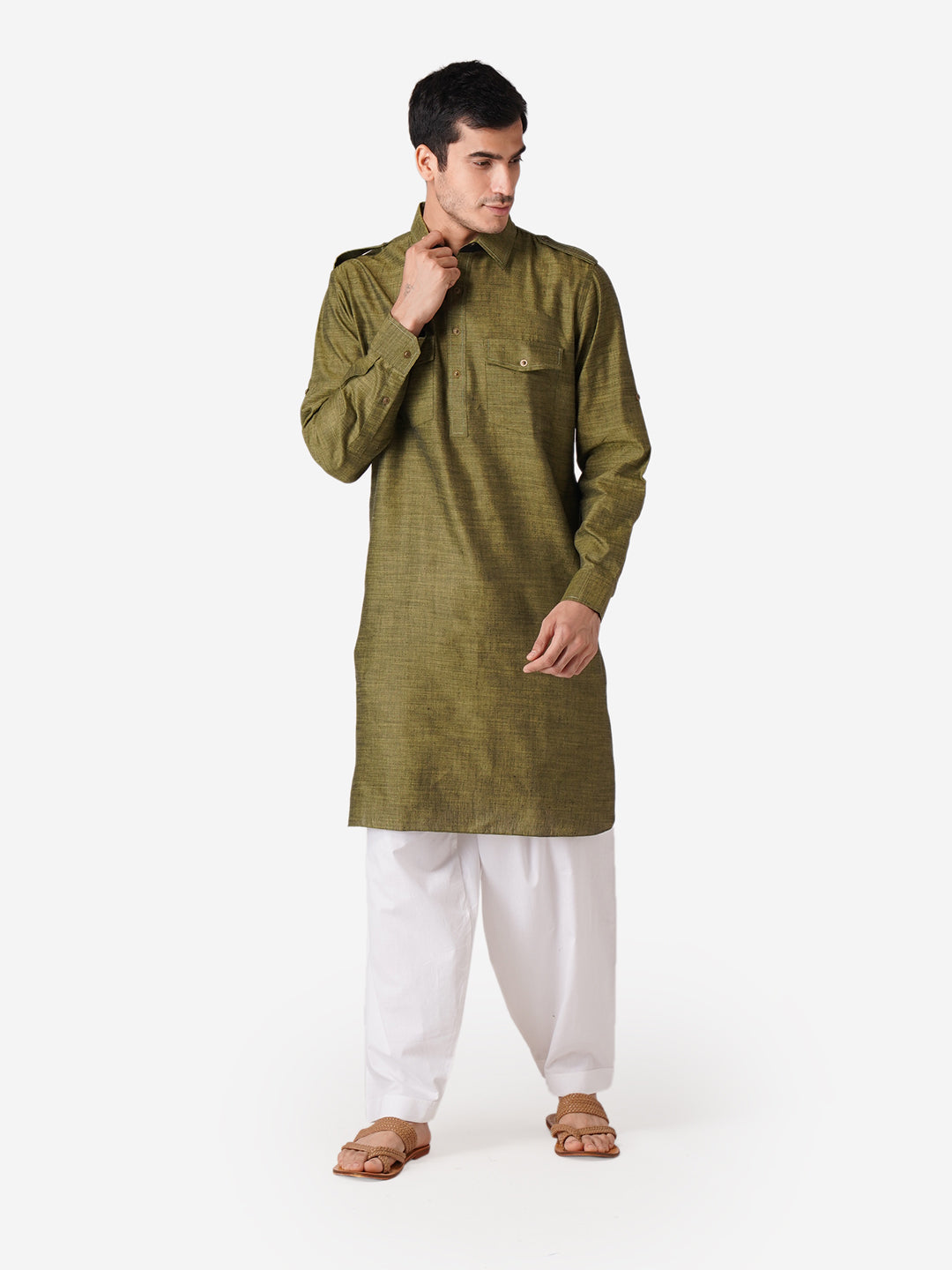 Full Sleeve Self Design Kurta and Pyjama Set in Green Pure Cotton