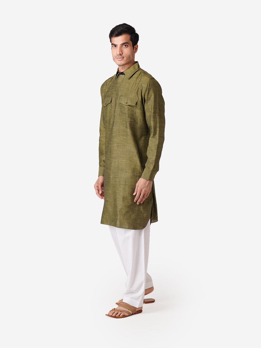 Full Sleeve Self Design Kurta and Pyjama Set in Green Pure Cotton