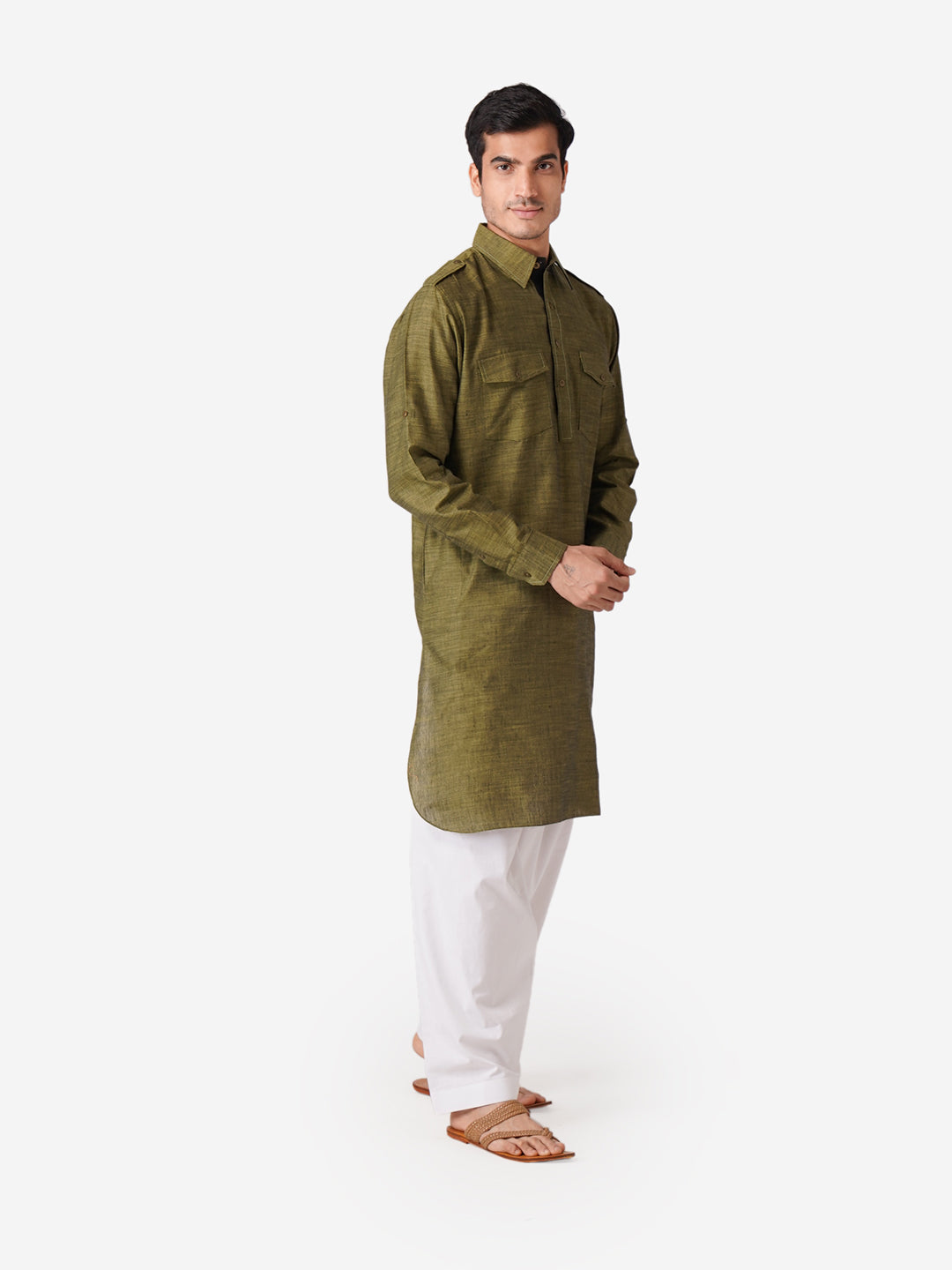 Full Sleeve Self Design Kurta and Pyjama Set in Green Pure Cotton