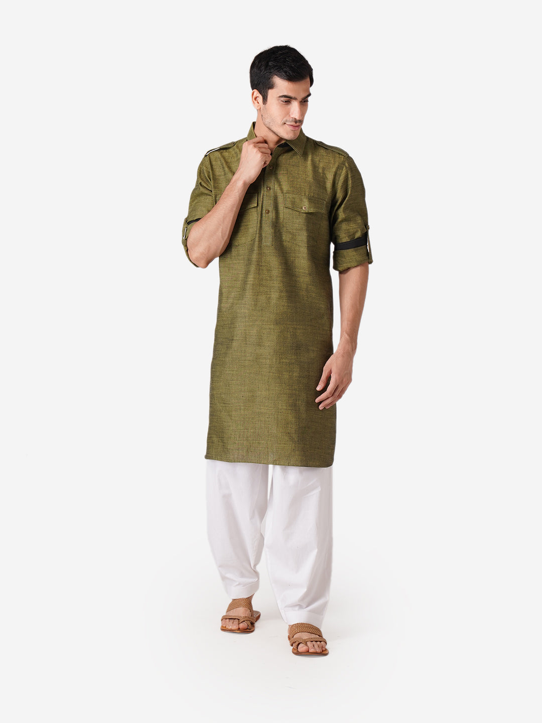 Full Sleeve Self Design Kurta and Pyjama Set in Green Pure Cotton