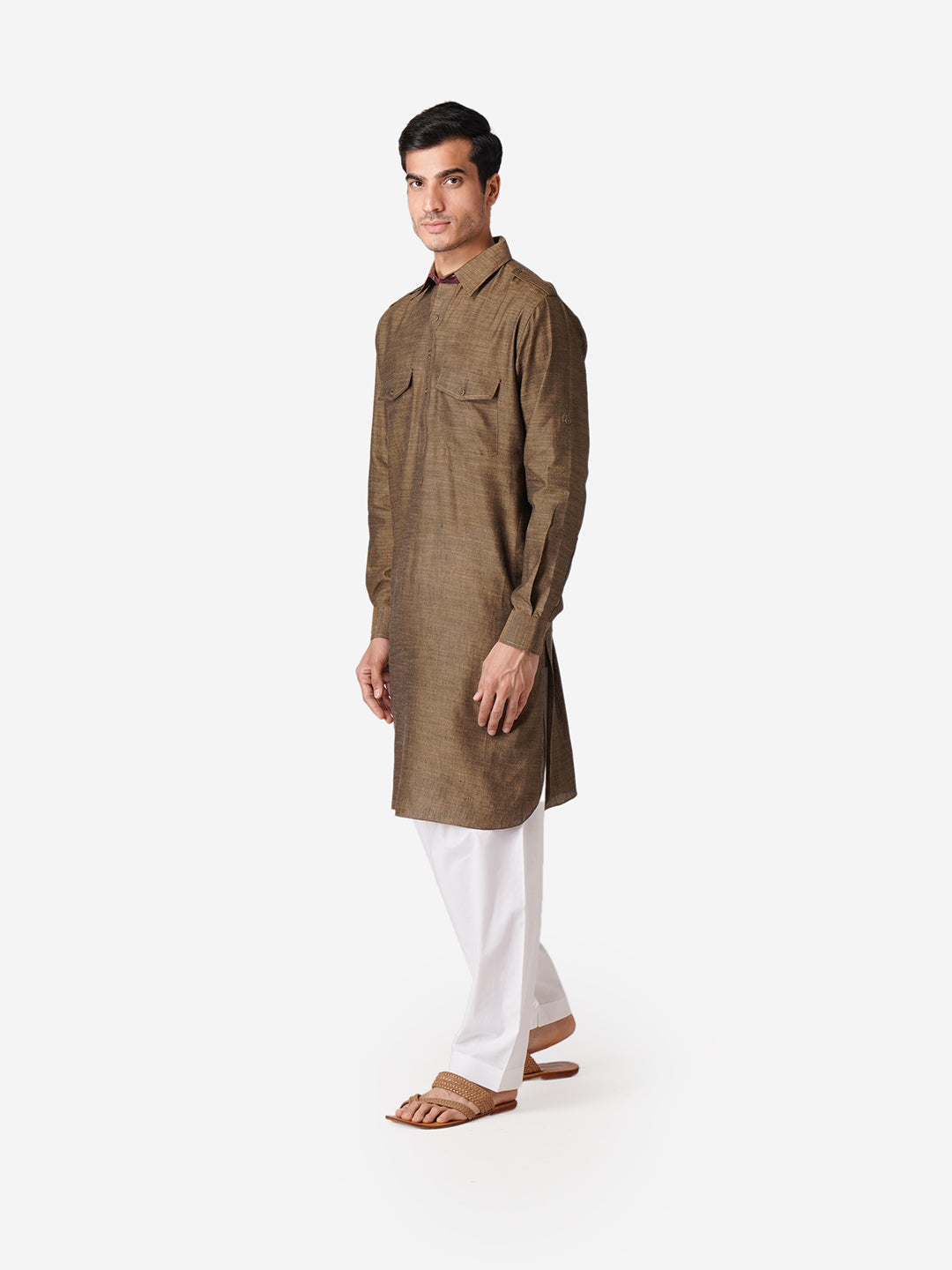 Full Sleeve Solid Kurta and Churidar Set in Brown Pure Cotton