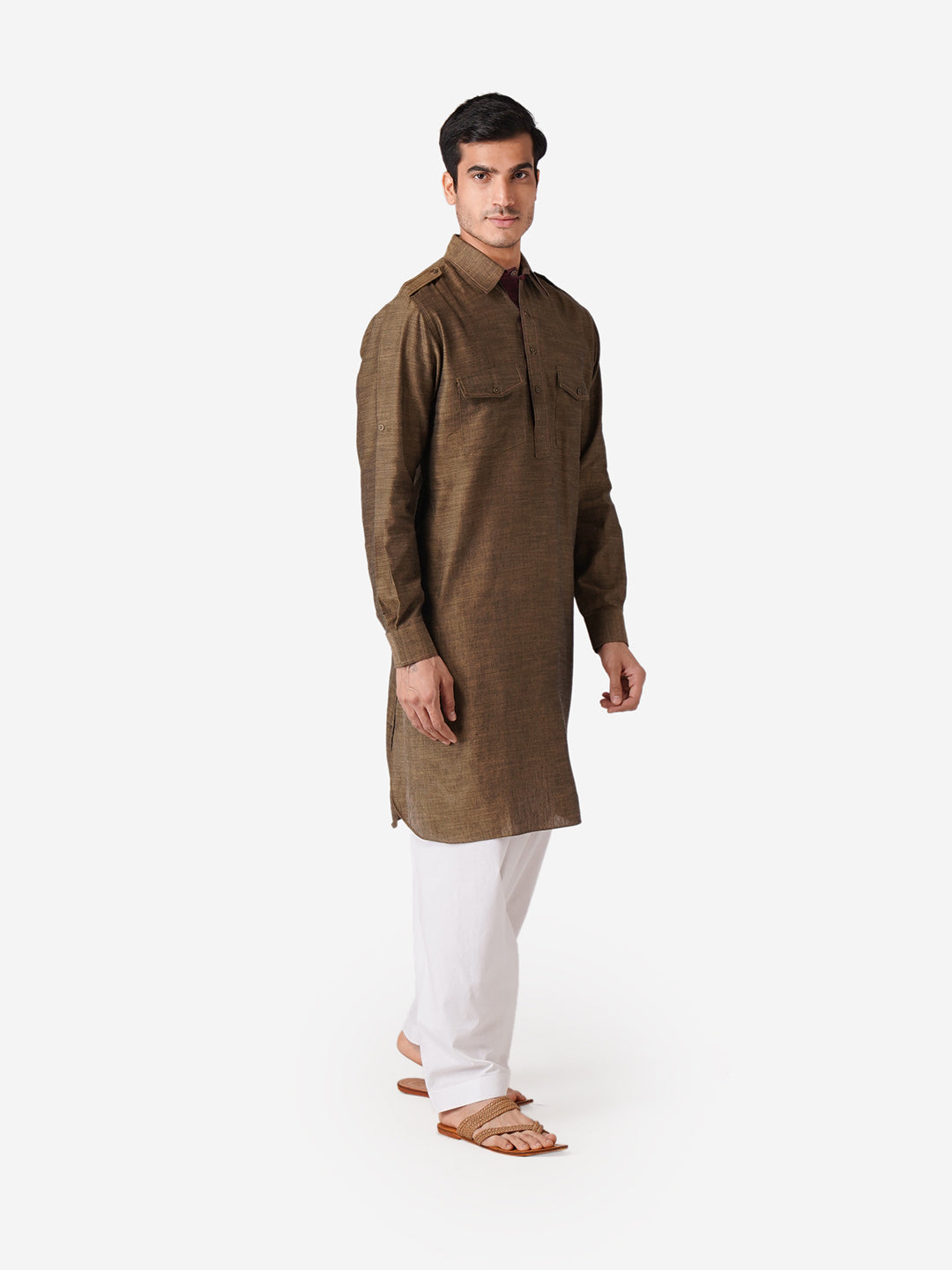Full Sleeve Solid Kurta and Churidar Set in Brown Pure Cotton
