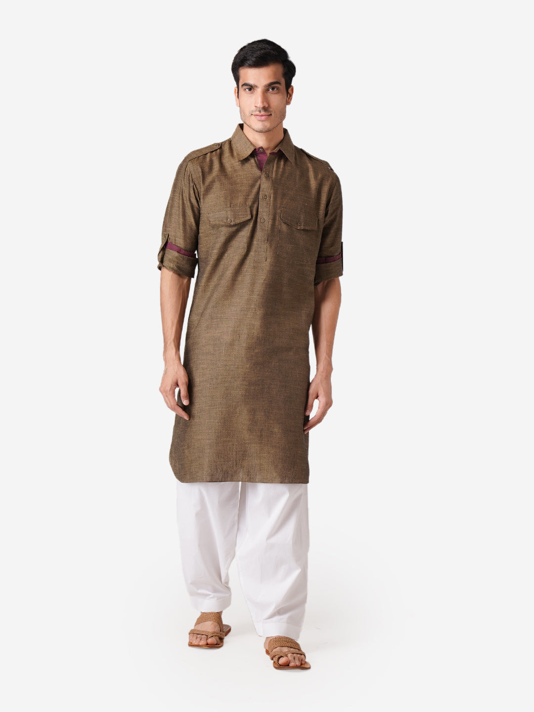Full Sleeve Solid Kurta and Churidar Set in Brown Pure Cotton