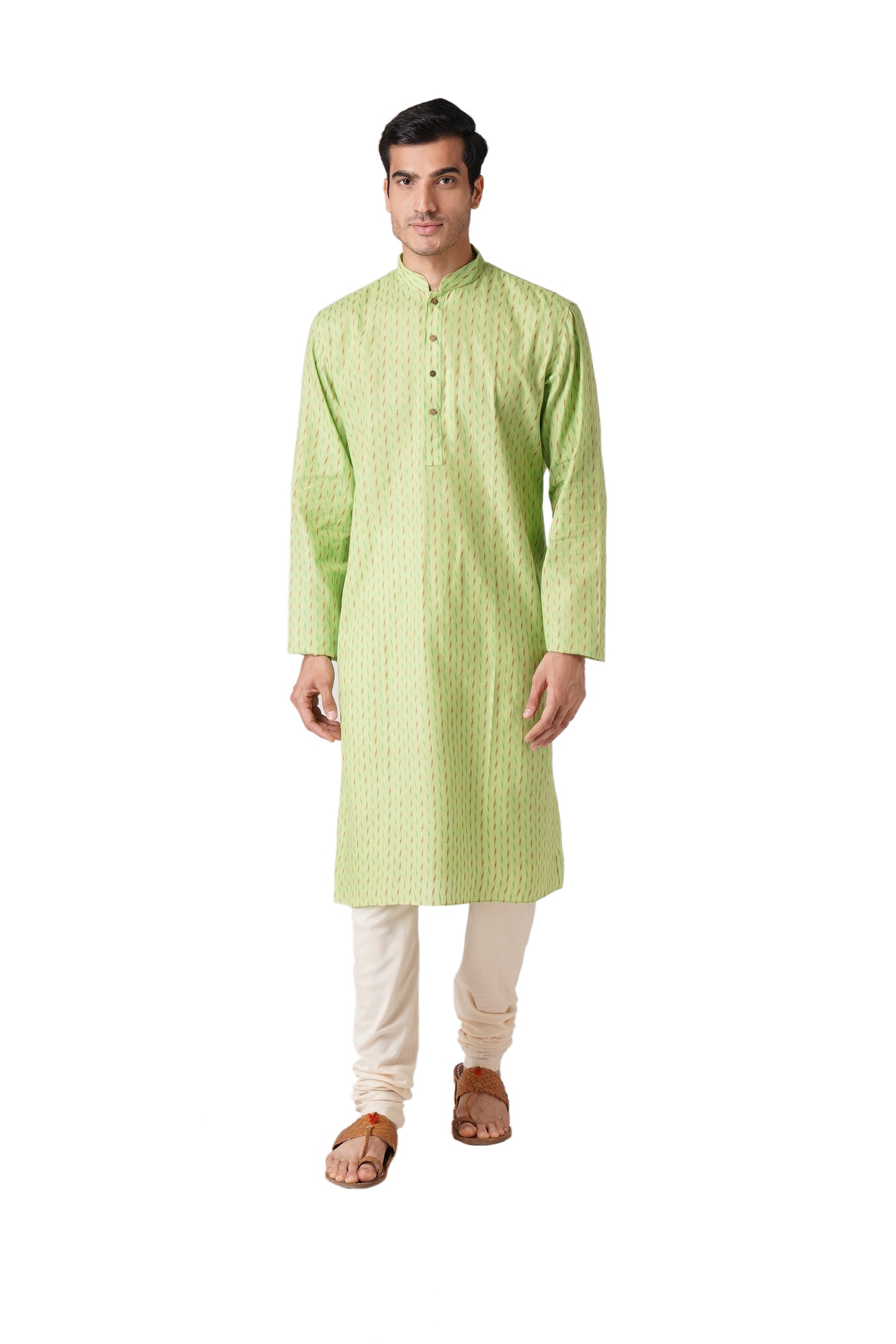 Full Sleeve Self Design Kurta and Churidar Set in Green Pure Cotton