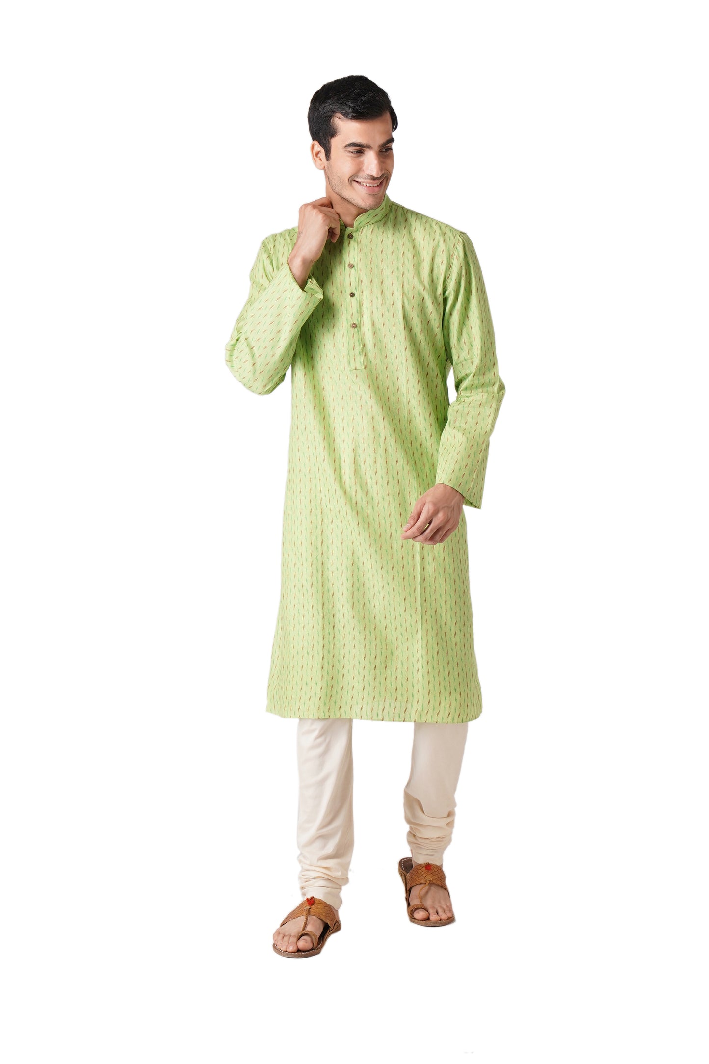 Full Sleeve Self Design Kurta and Churidar Set in Green Pure Cotton