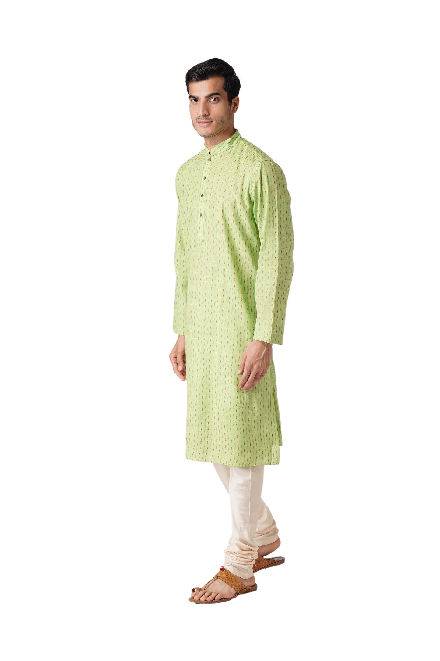 Full Sleeve Self Design Kurta and Churidar Set in Green Pure Cotton
