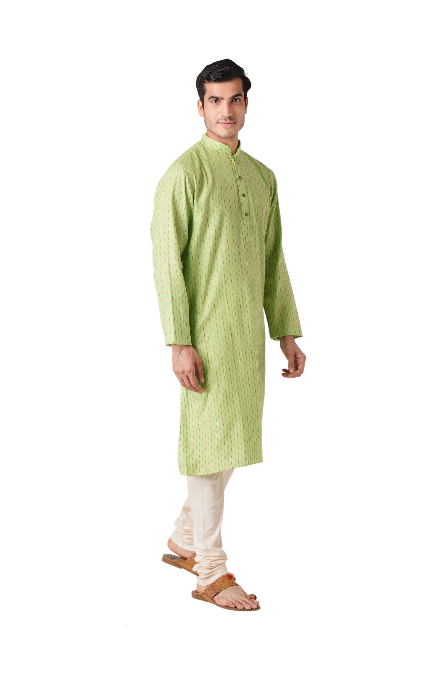 Full Sleeve Self Design Kurta and Churidar Set in Green Pure Cotton