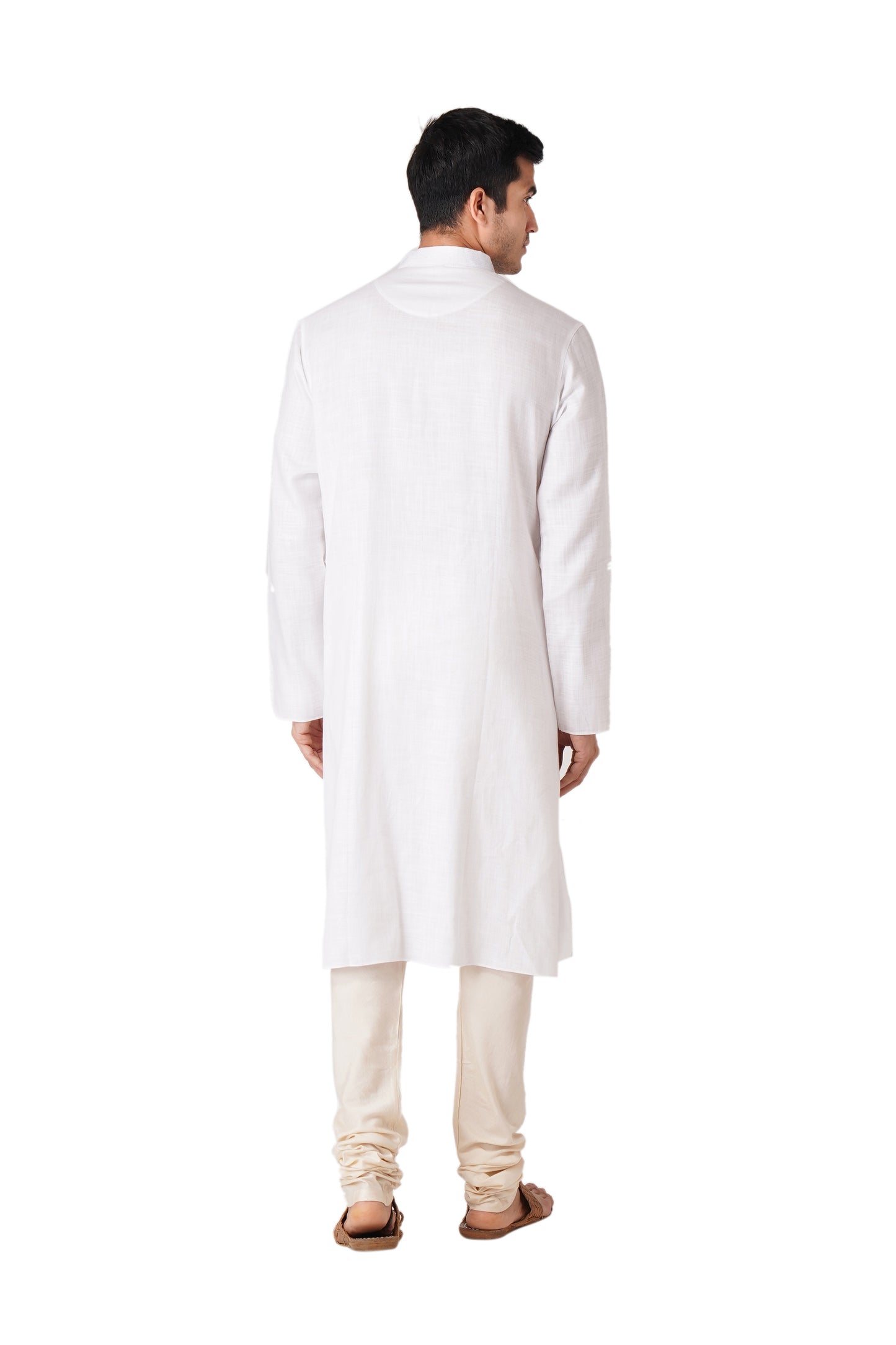 Full Sleeve Printed Kurta and Churidar Set in White Pure Cotton