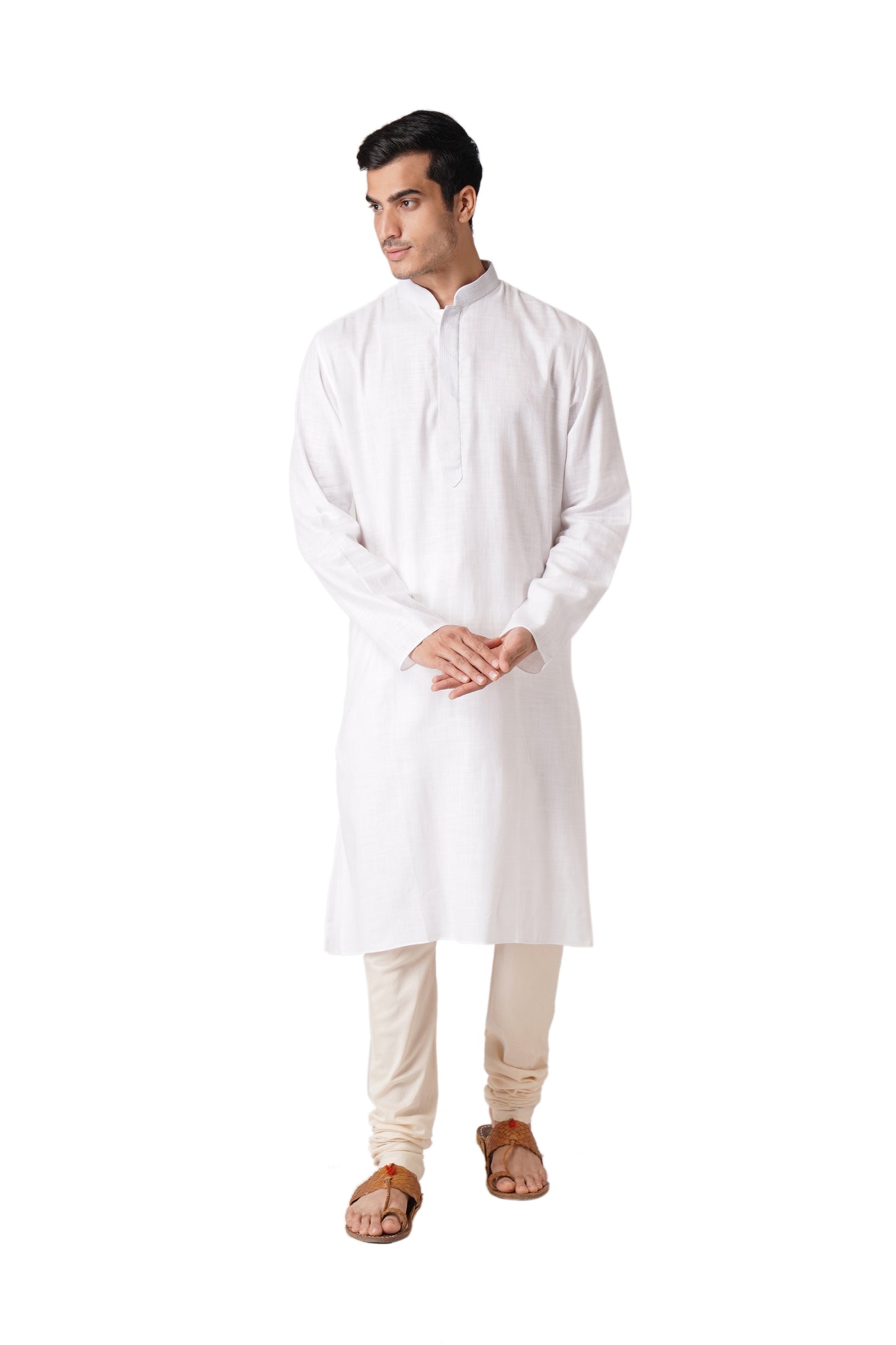 Full Sleeve Printed Kurta and Churidar Set in White Pure Cotton