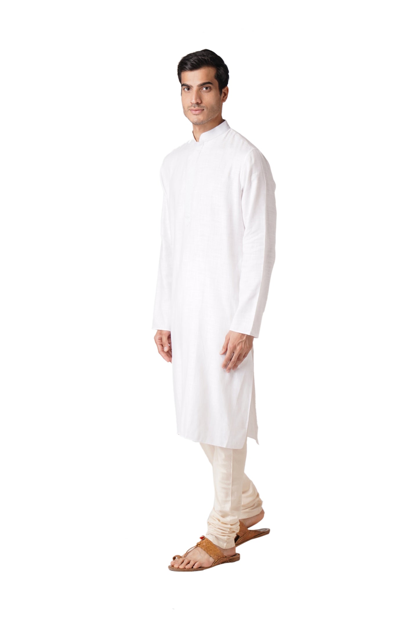 Full Sleeve Printed Kurta and Churidar Set in White Pure Cotton
