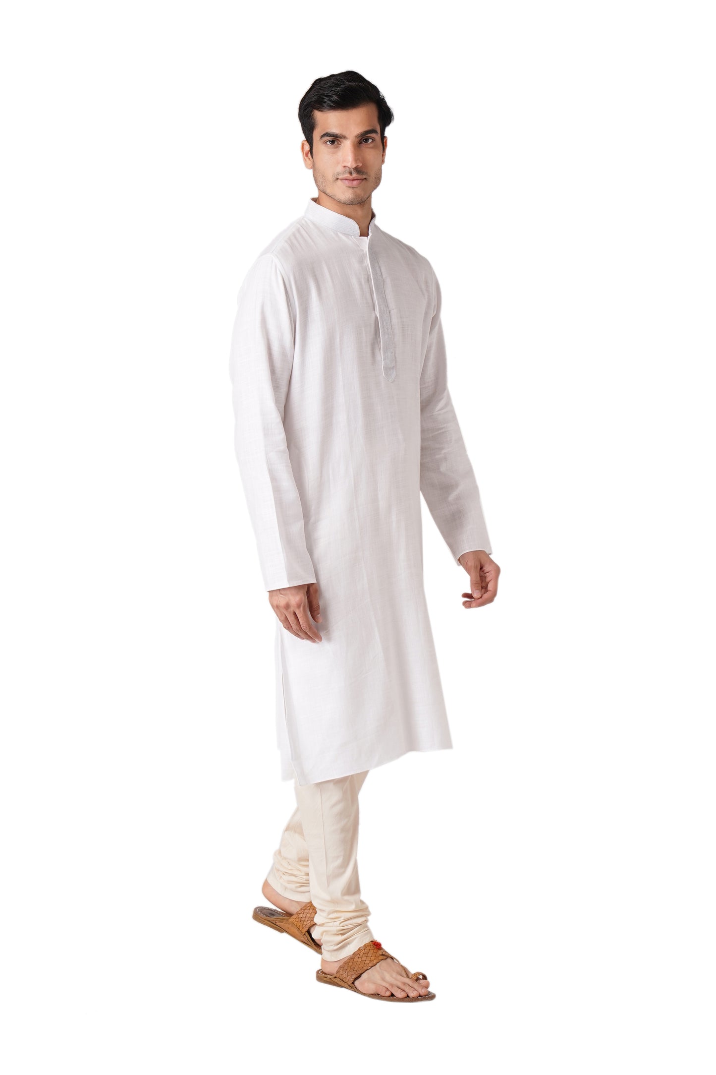 Full Sleeve Printed Kurta and Churidar Set in White Pure Cotton