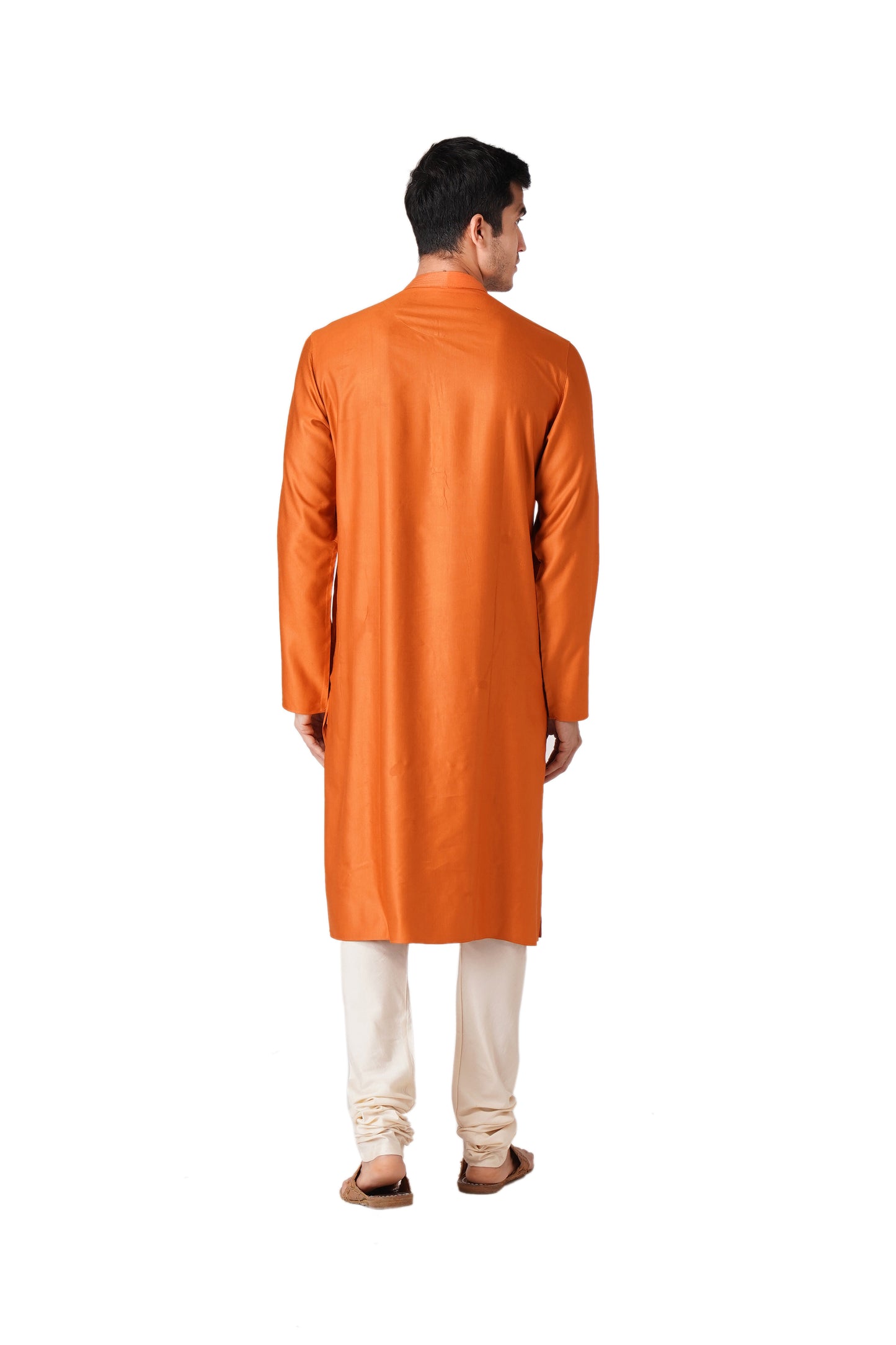 Full Sleeve Solid Kurta and Churidar Set in Orange Cotton Silk