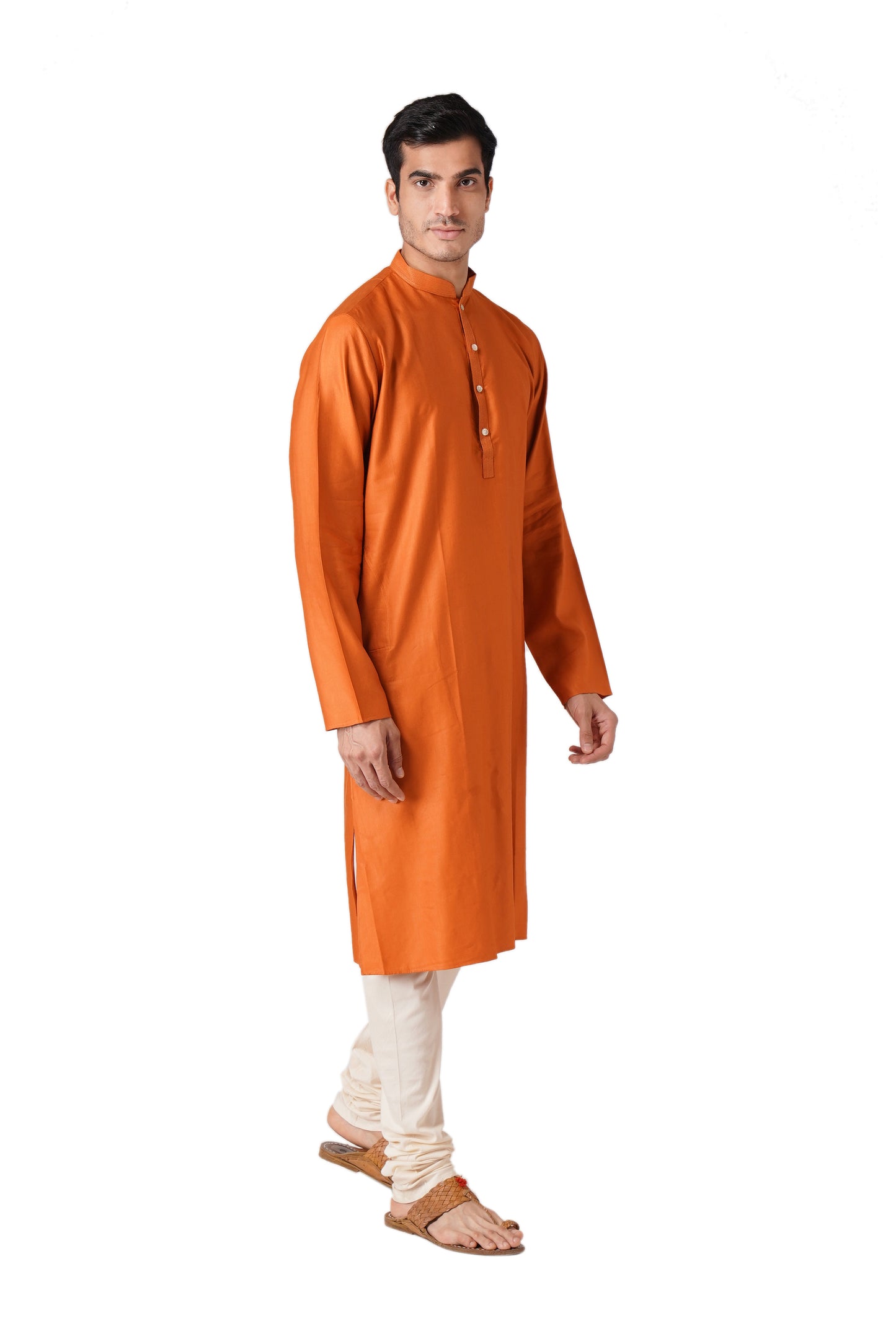 Full Sleeve Solid Kurta and Churidar Set in Orange Cotton Silk