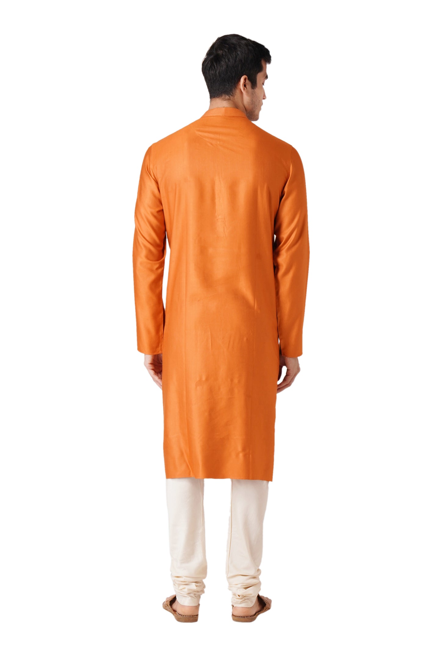 Full Sleeve Solid Kurta and Churidar Set in Orange Cotton Silk