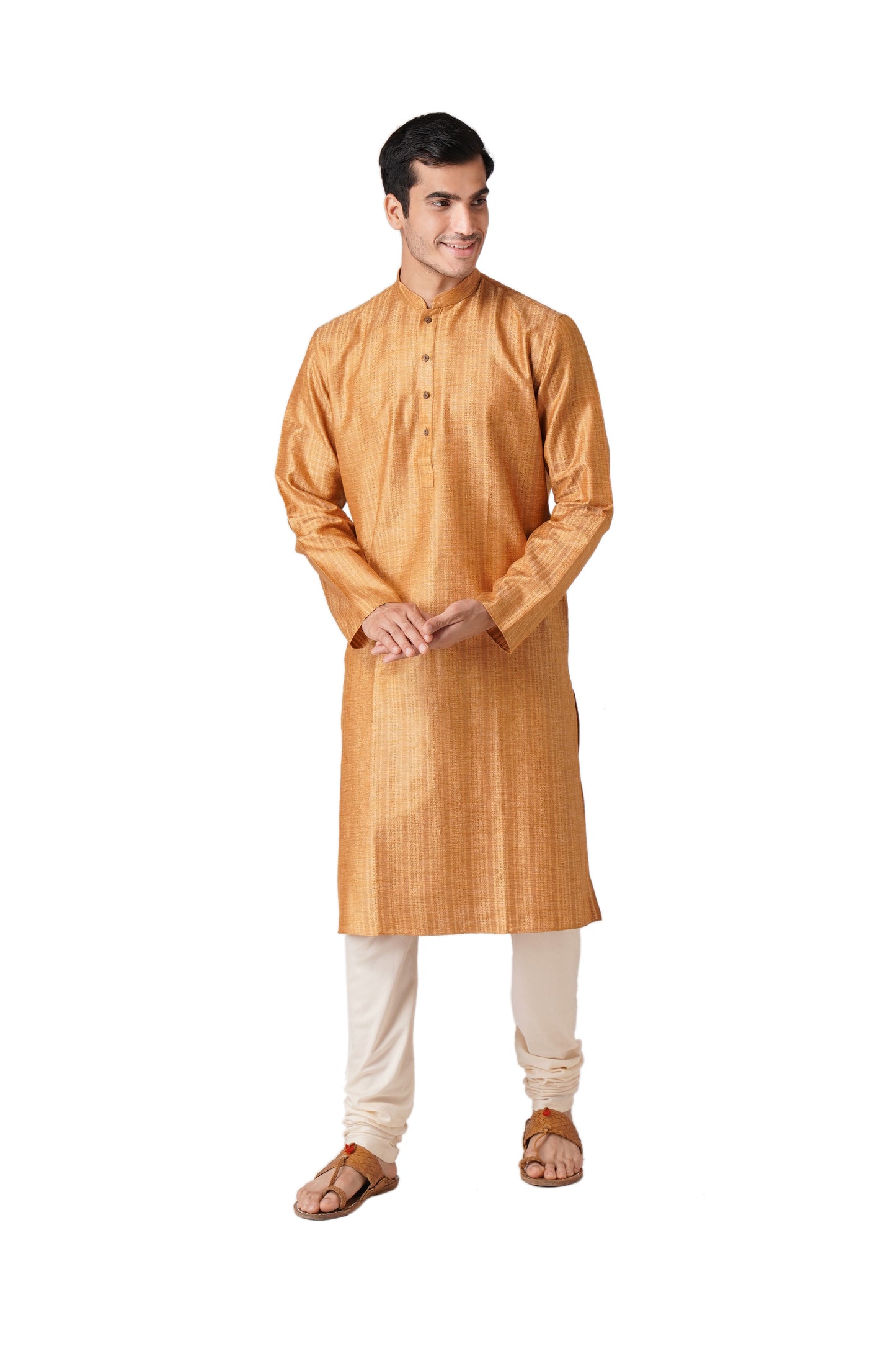 Full Sleeve Striped Kurta and Churidar Set in Yellow Pure Cotton