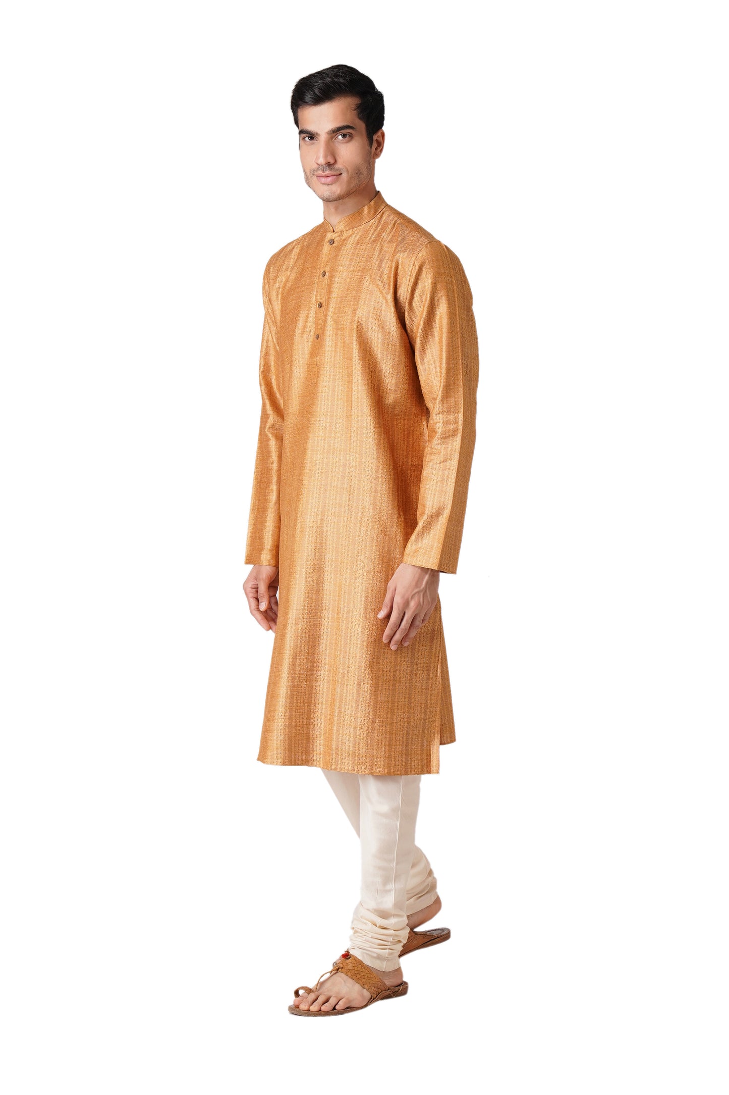 Full Sleeve Striped Kurta and Churidar Set in Yellow Pure Cotton