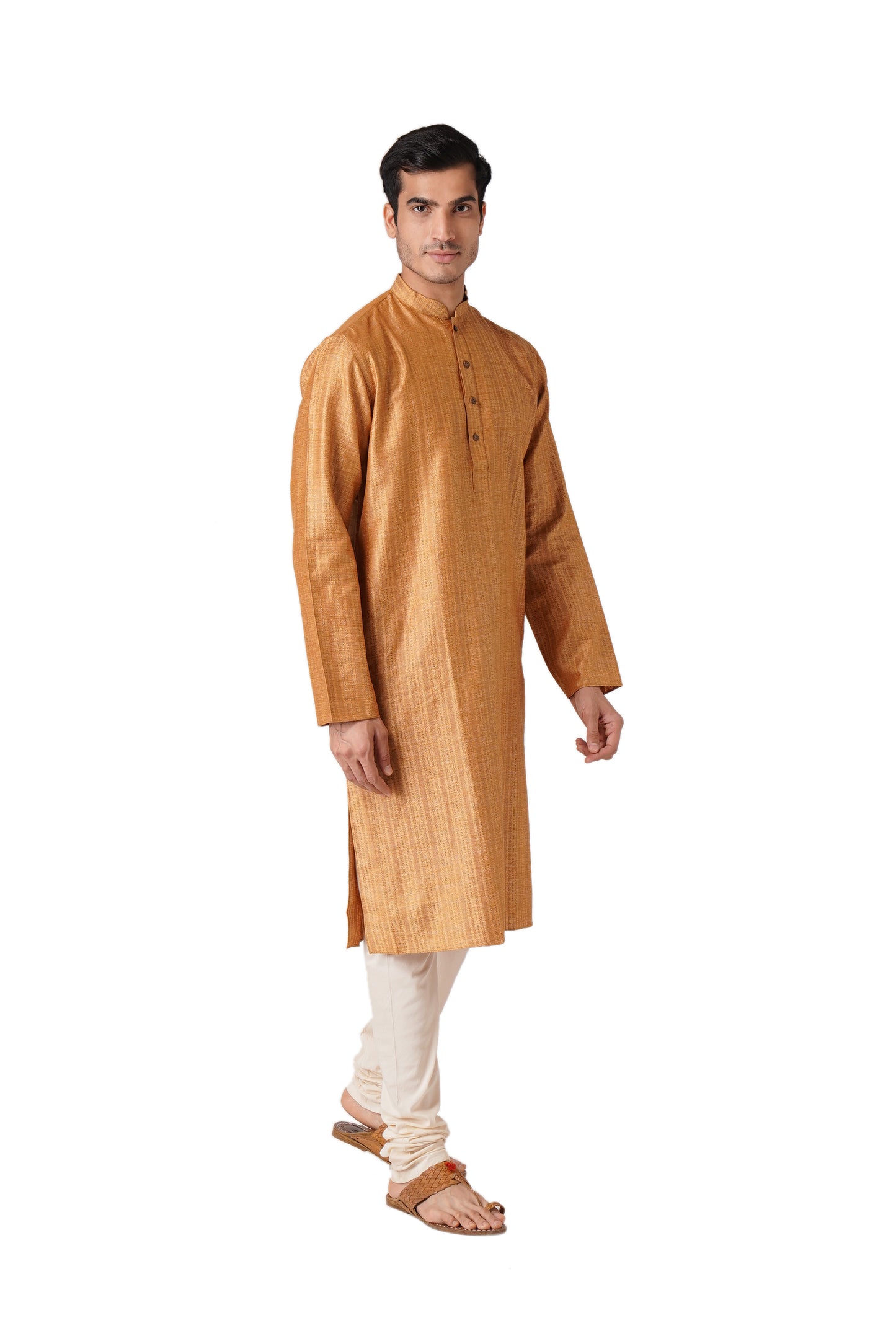 Full Sleeve Striped Kurta and Churidar Set in Yellow Pure Cotton