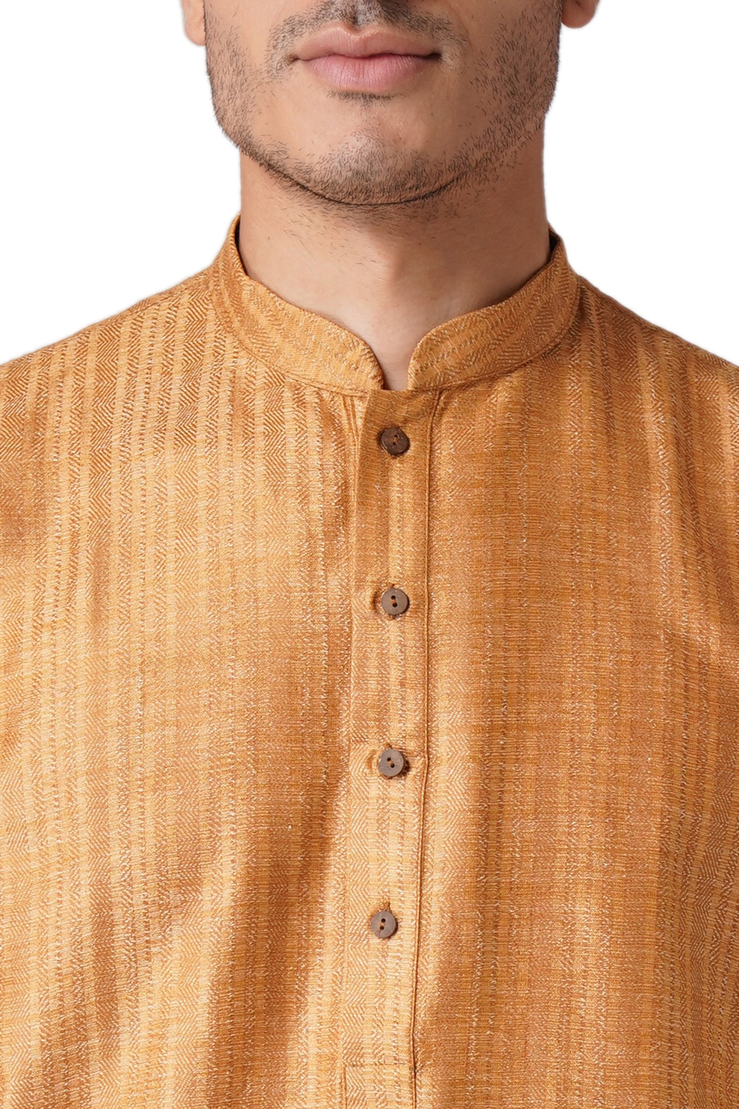 Full Sleeve Striped Kurta and Churidar Set in Yellow Pure Cotton
