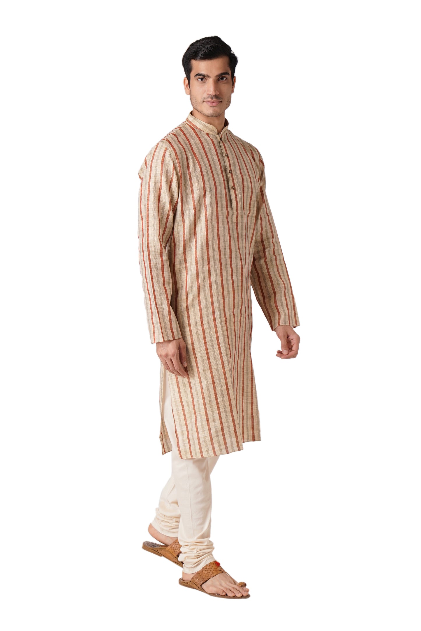 Full Sleeve Striped Kurta and Churidar Set in Multicolor Pure Cotton