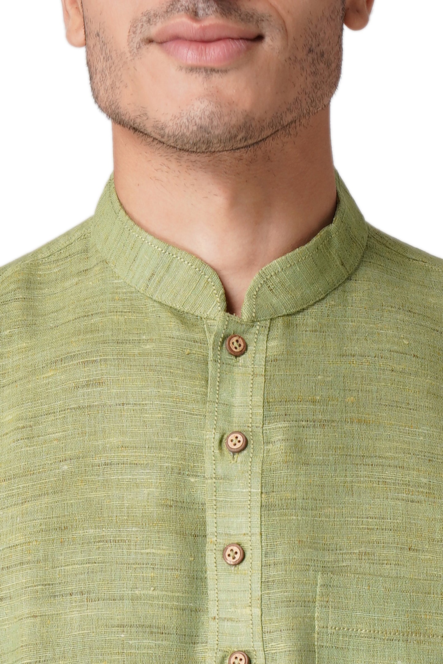 Full Sleeve Self Design Kurta and Churidar Set in Green Khadi Cotton